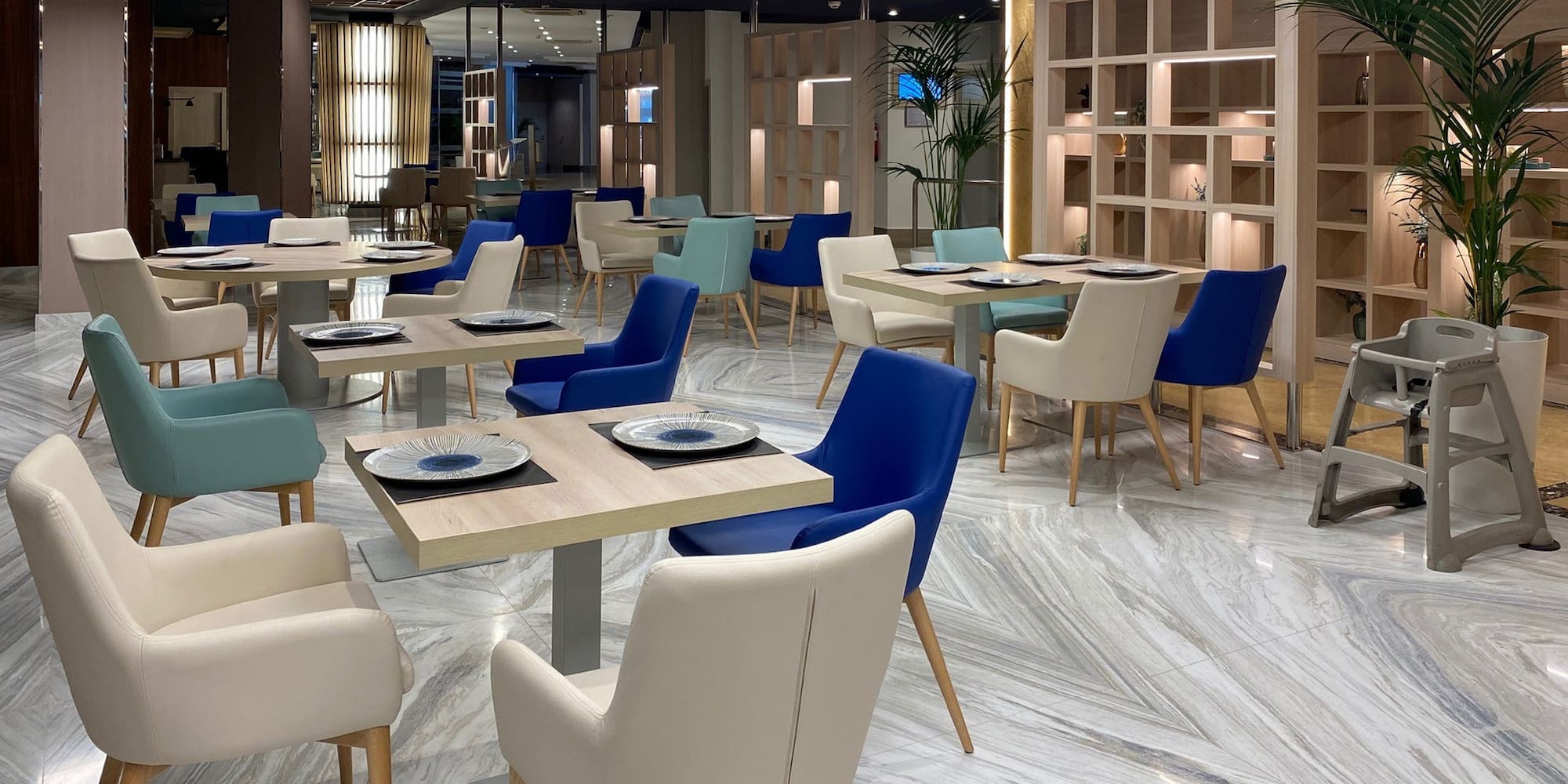 a room with tables and chairs