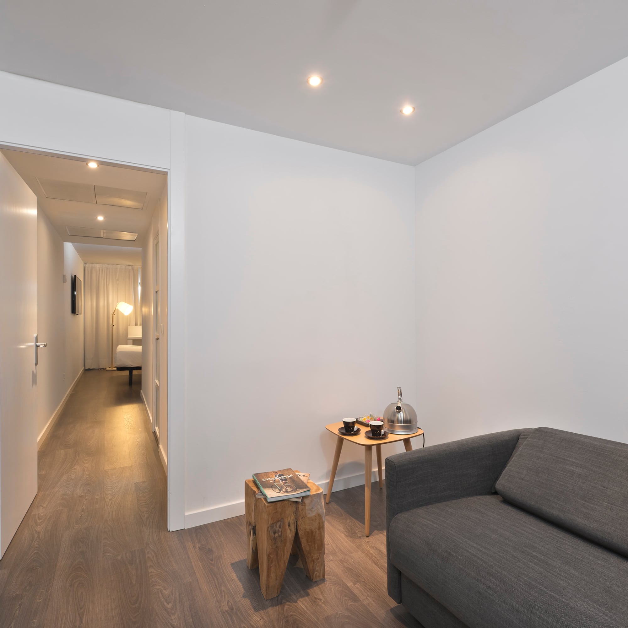 a room with a couch and a table