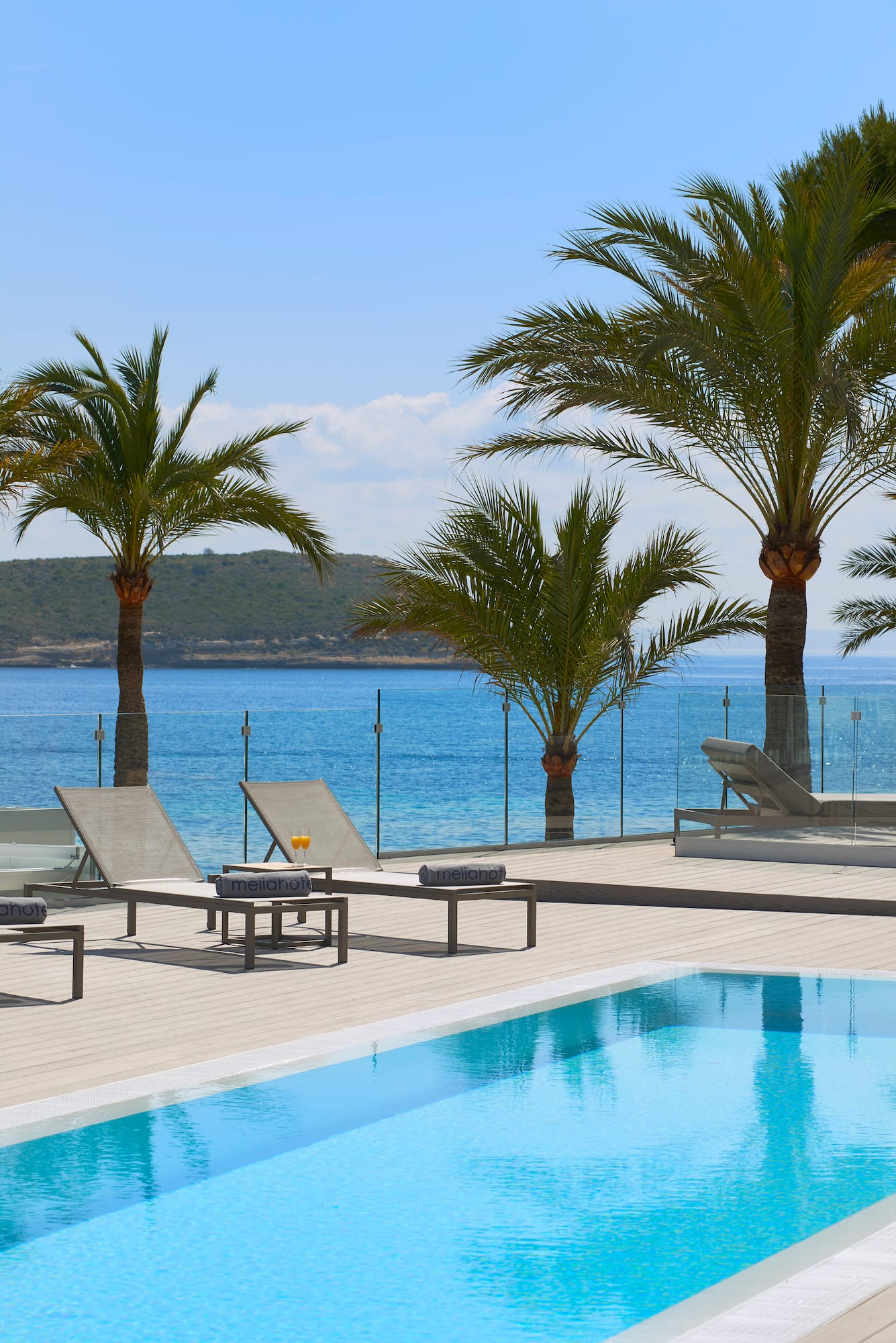 a pool with palm trees and chairs by the water