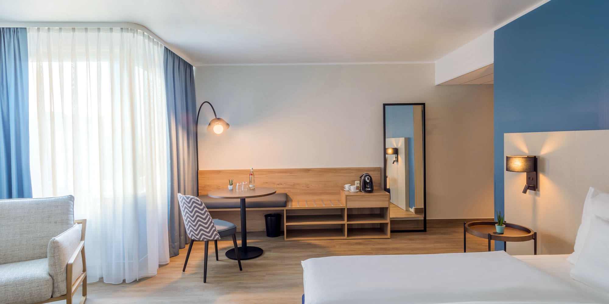 a room with a table and chairs