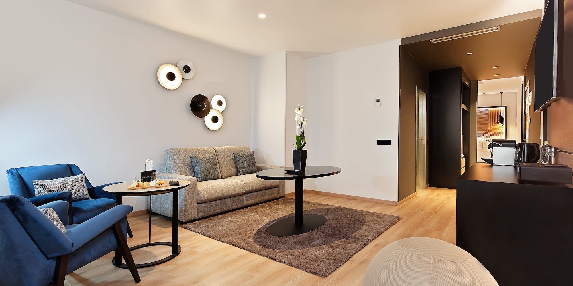 a living room with a couch and a table