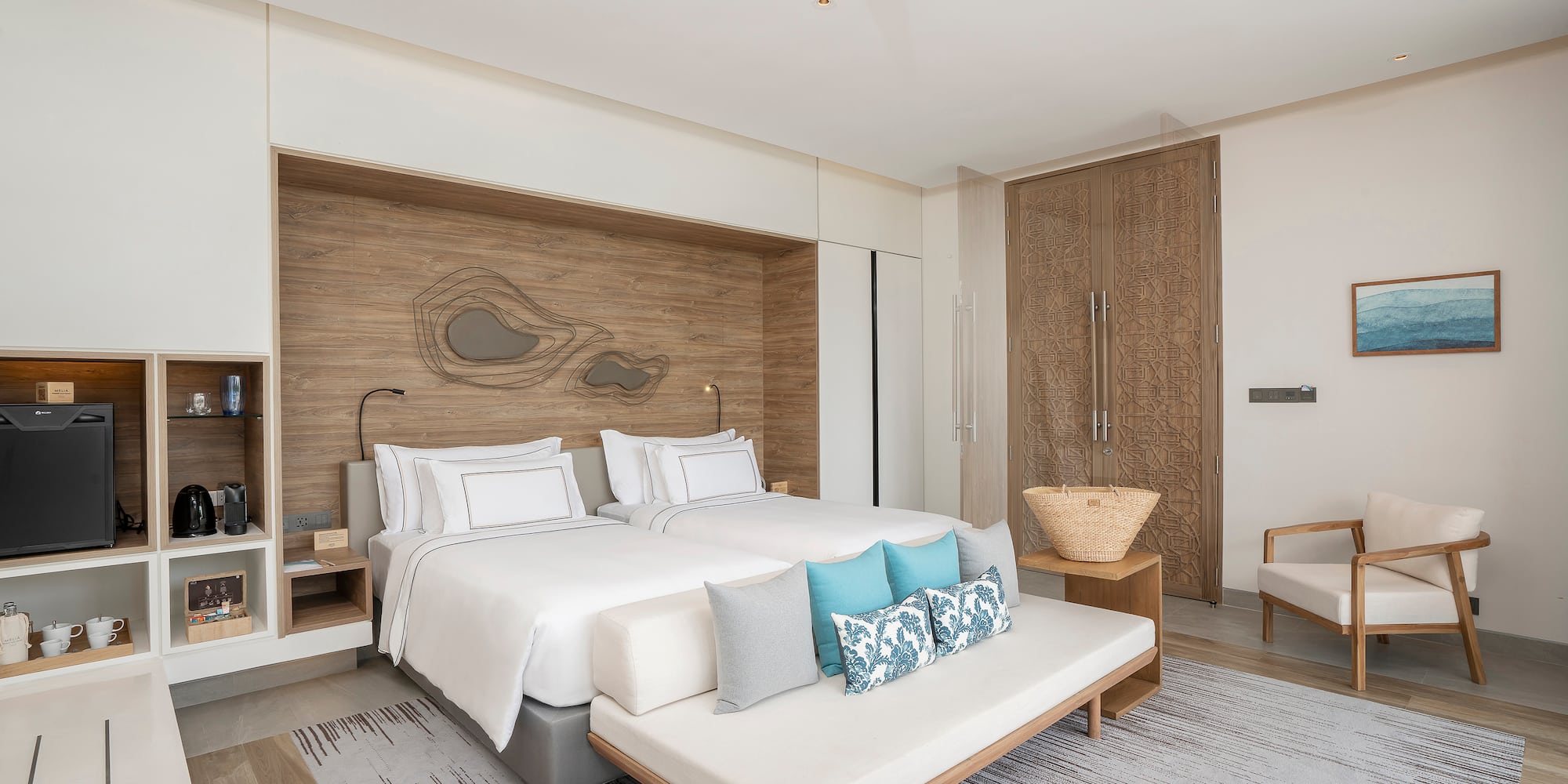 a bedroom with a bed and a fan