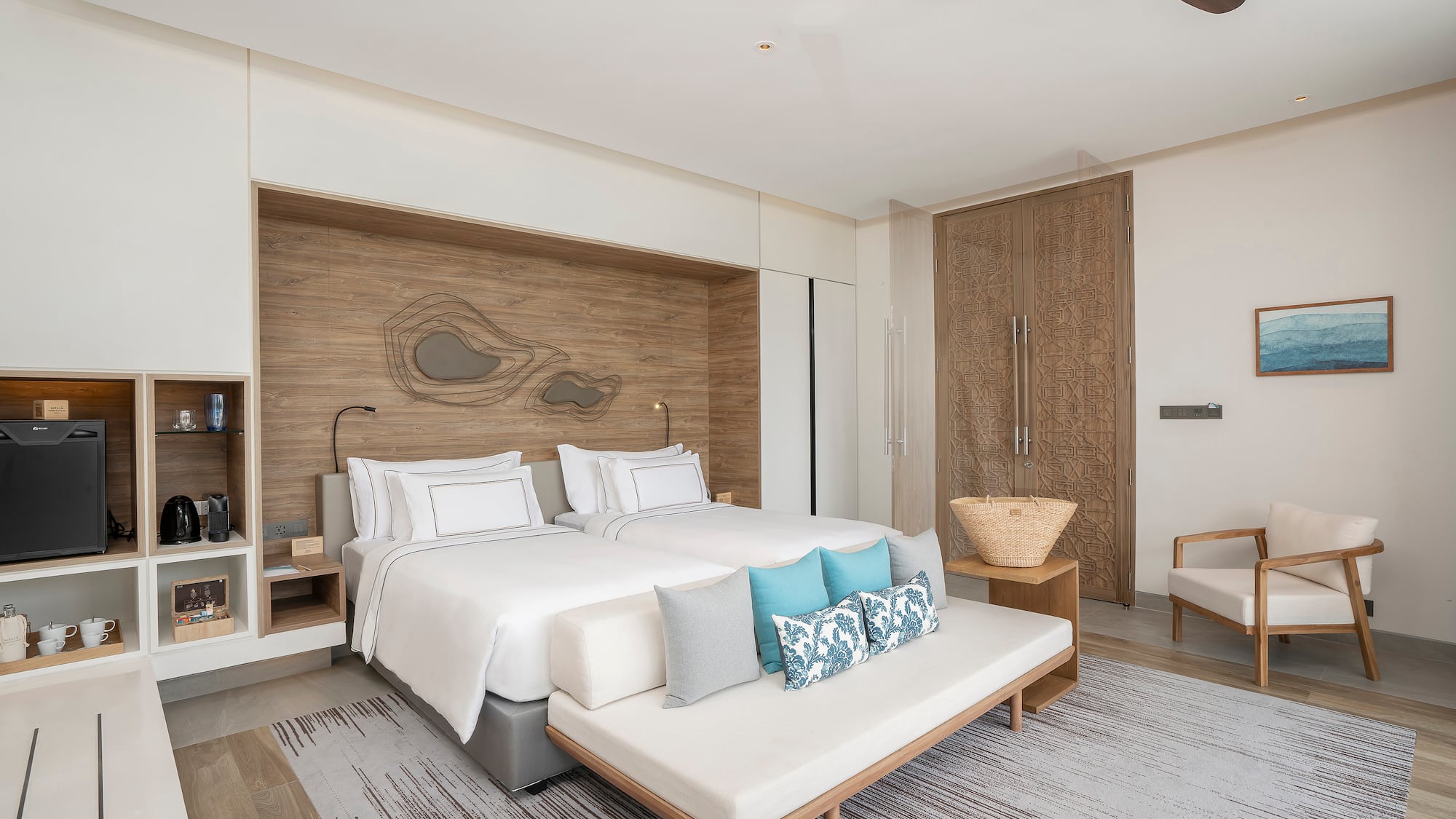 a bedroom with a bed and a fan