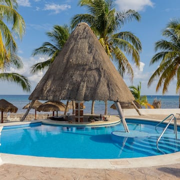 a pool with a straw roof and a bar and a beach