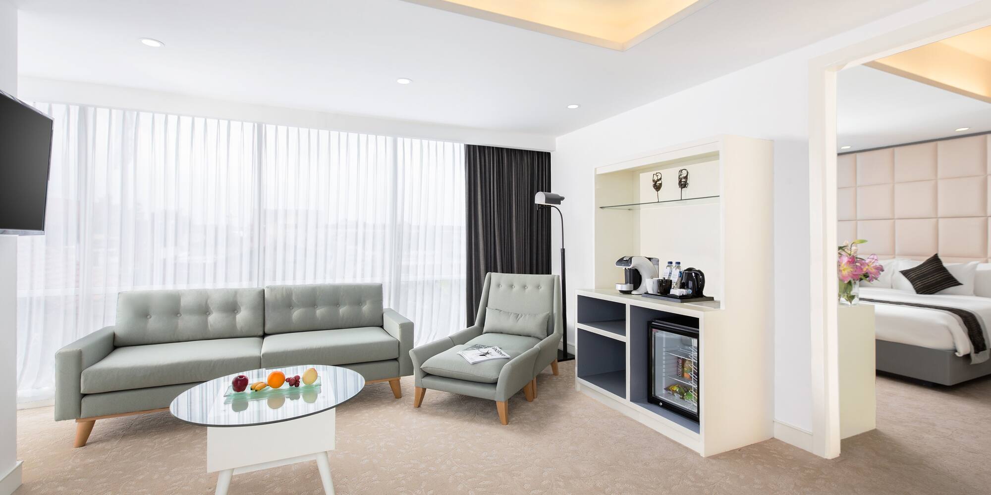 a room with a couch and a coffee table