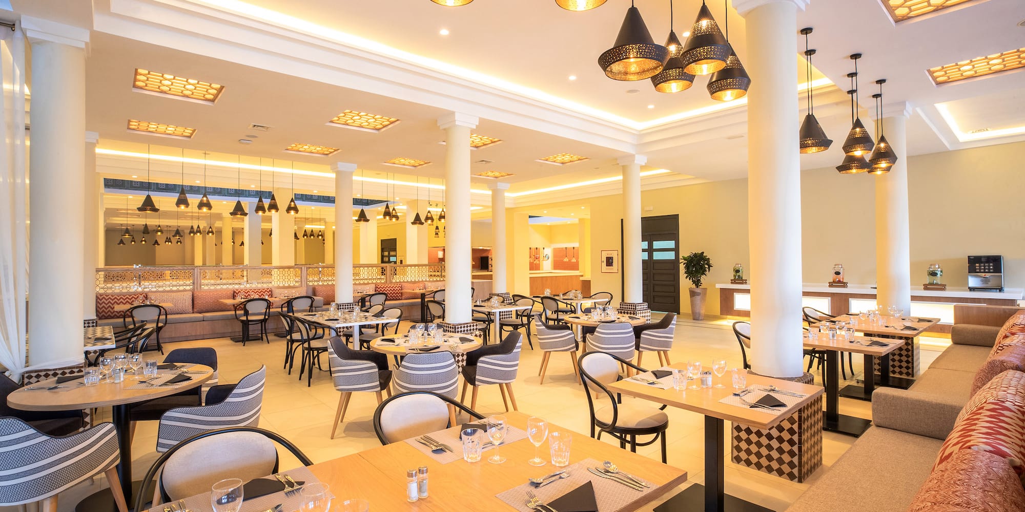 a room with tables and chairs