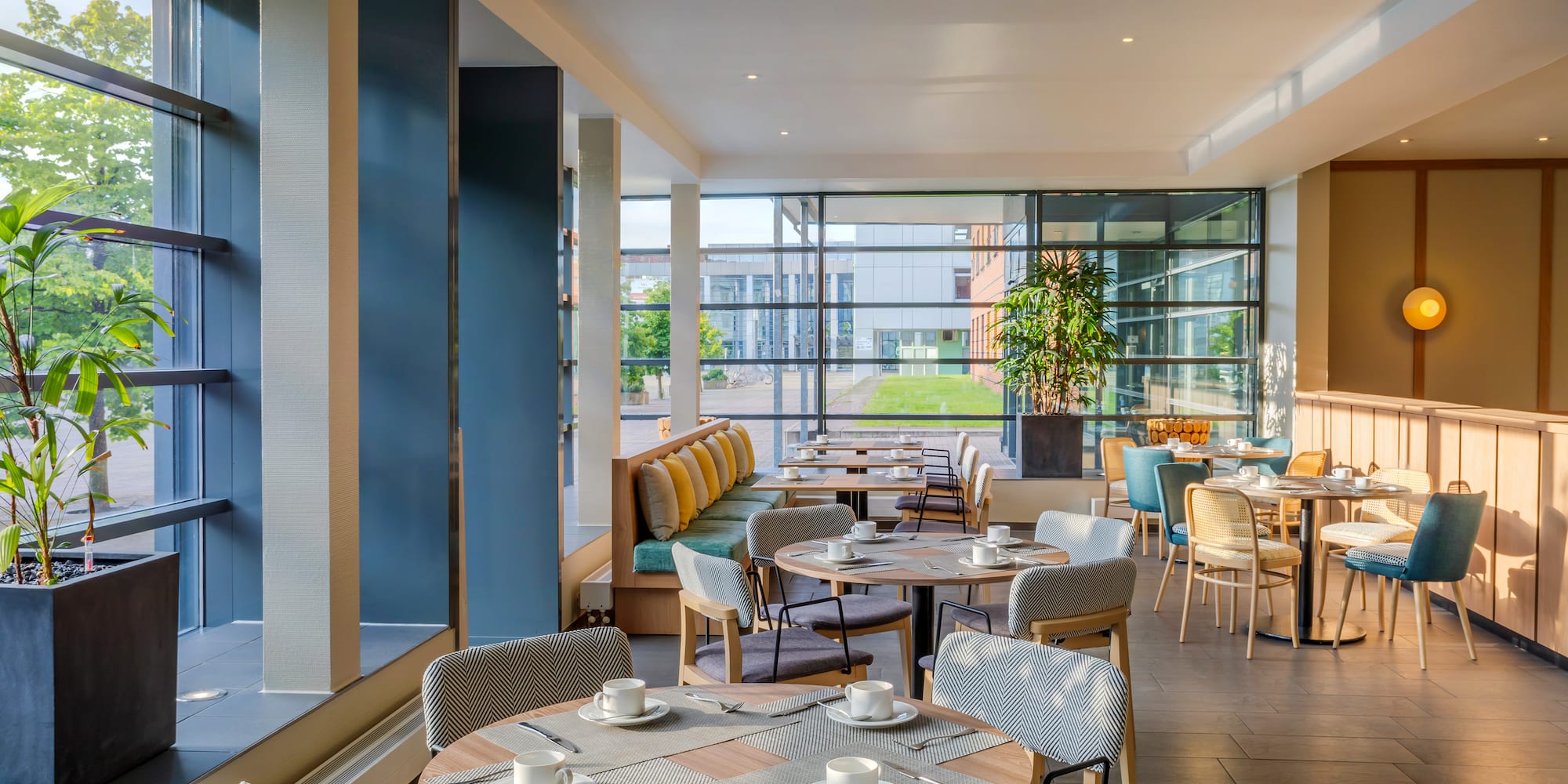 a room with tables and chairs