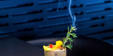 a bamboo with a slice of lemon and rosemary on top
