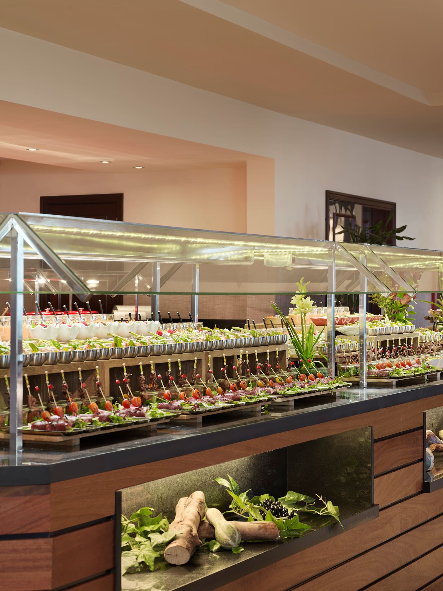 a buffet with food on display