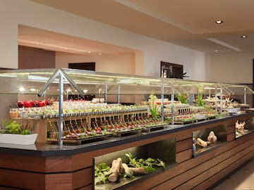 a buffet with food on display