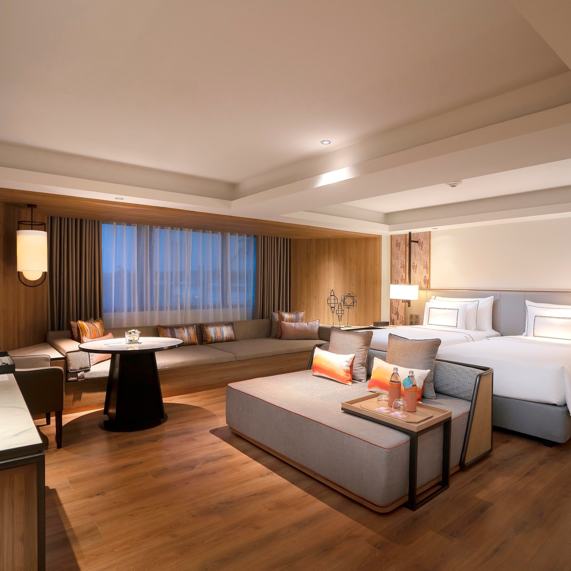 a room with a bed and a table