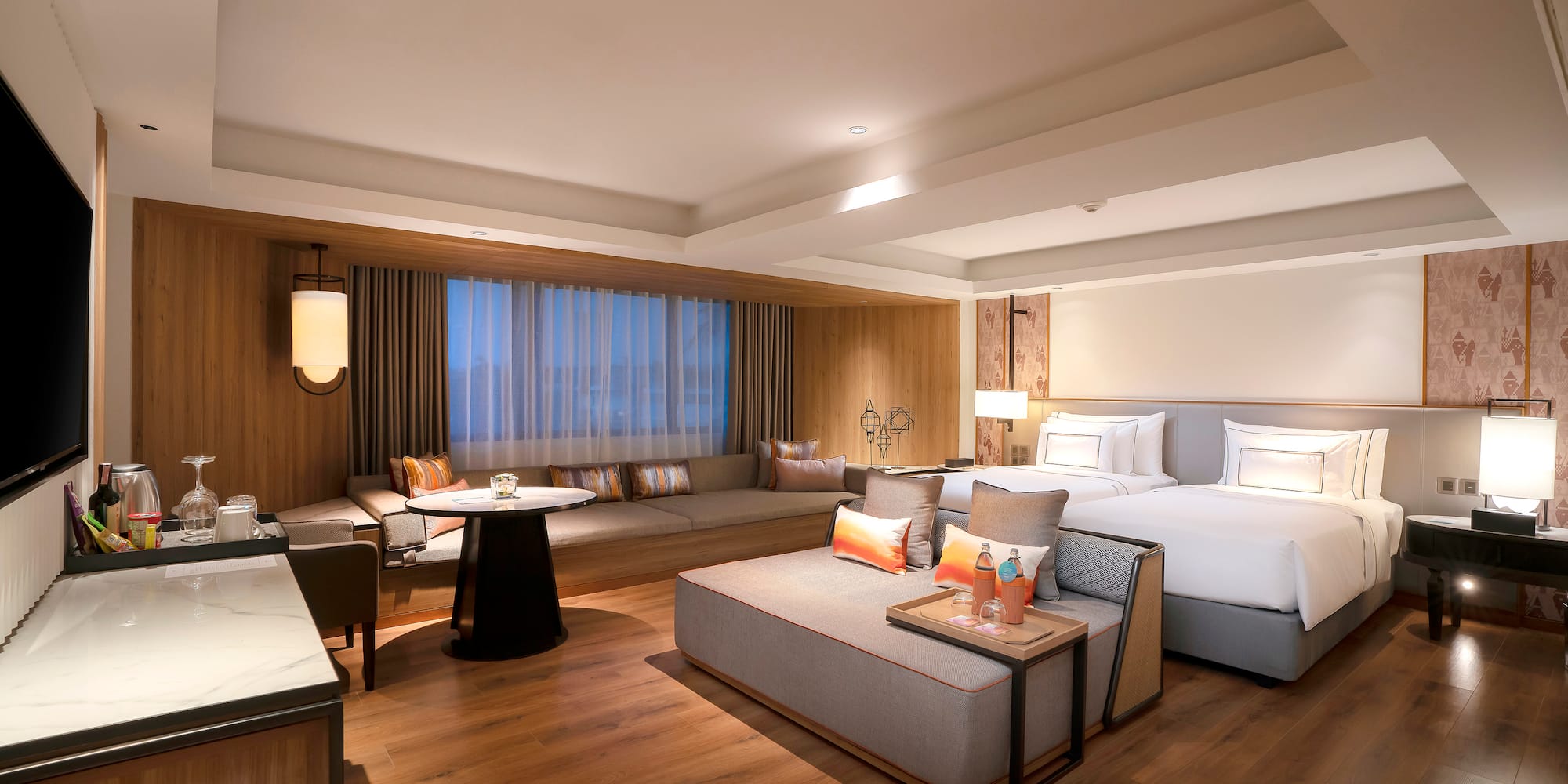 a room with a bed and a table