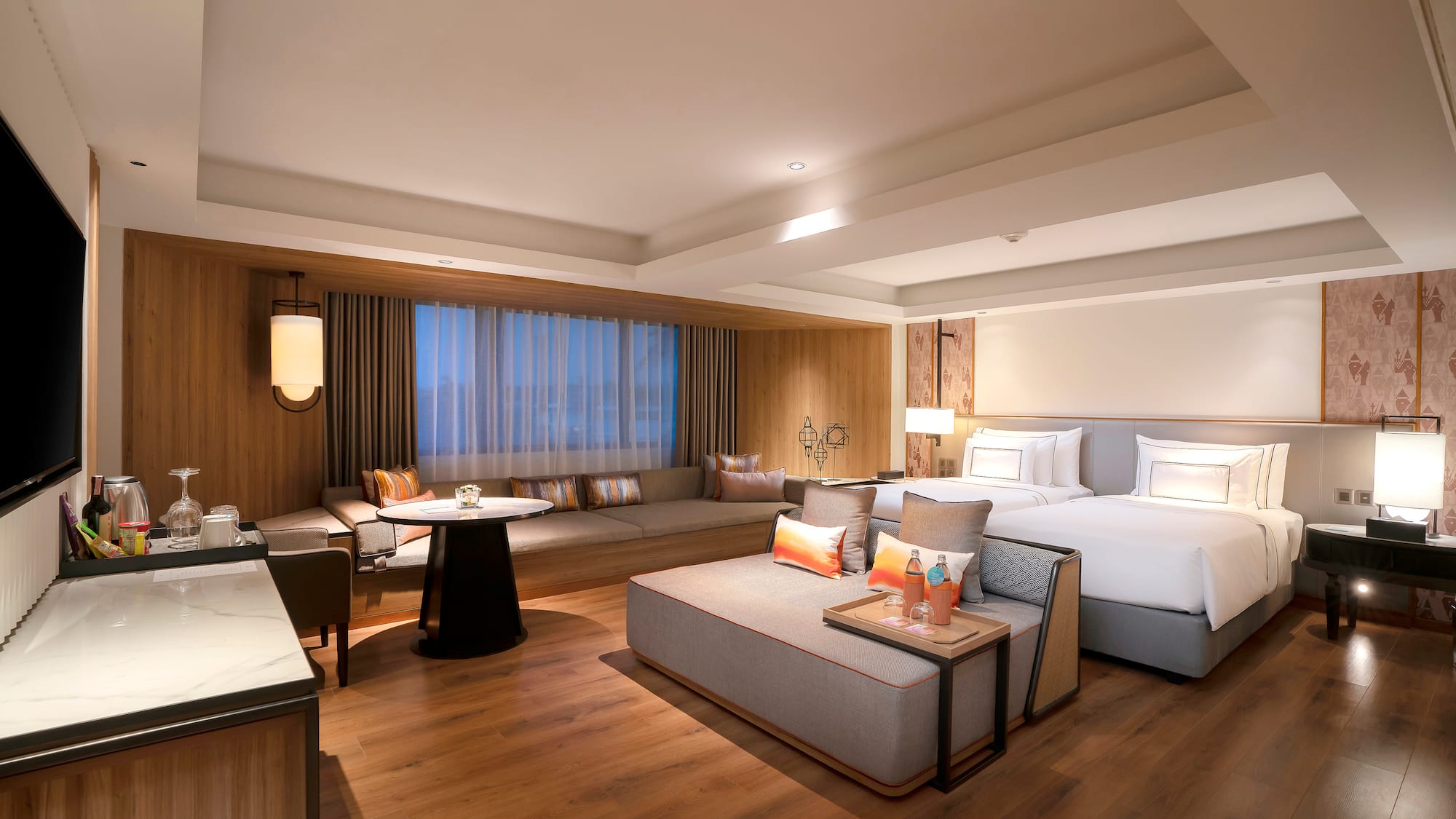 a room with a bed and a table