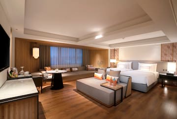 a room with a bed and a table