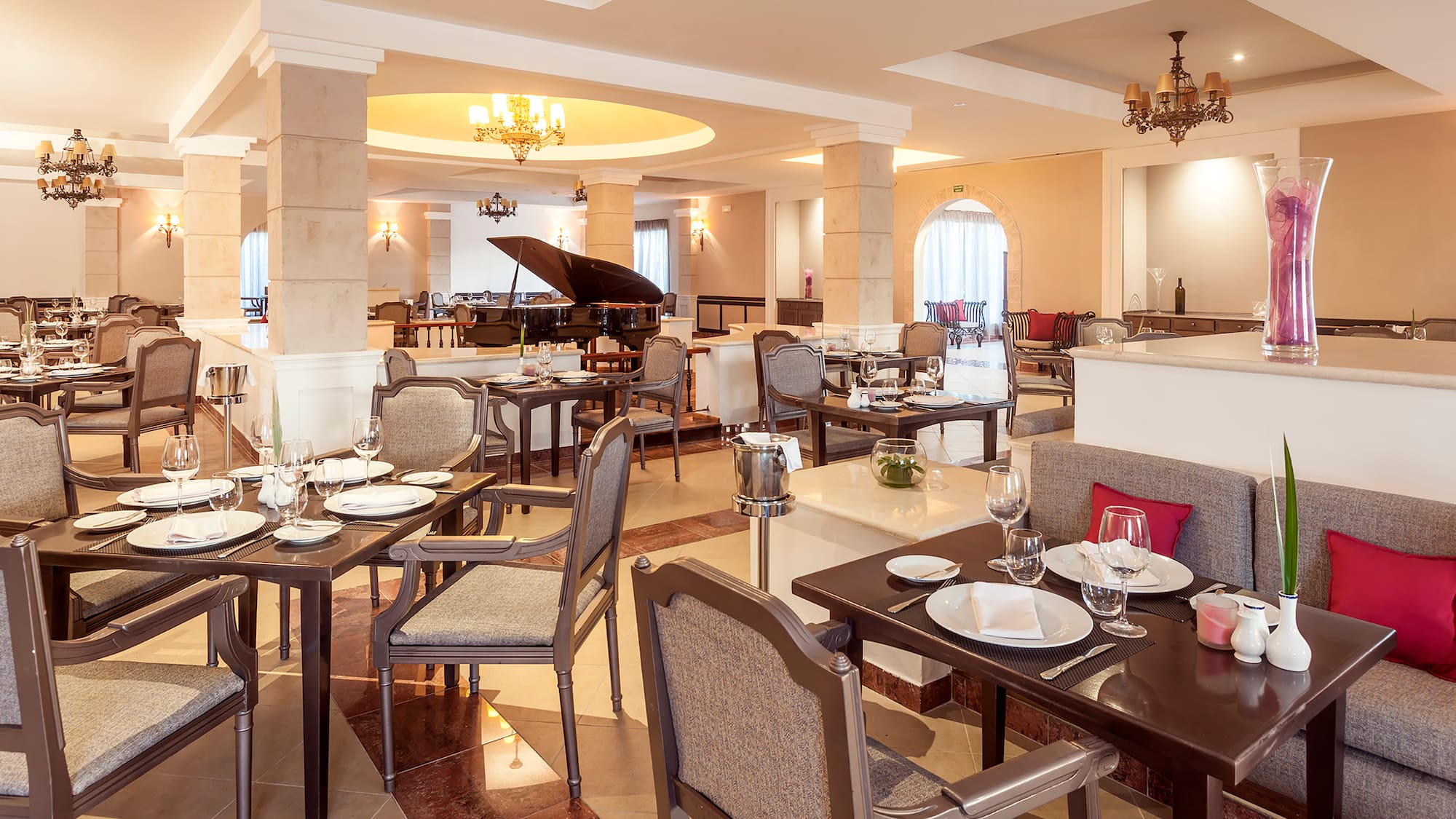 a room with tables and chairs