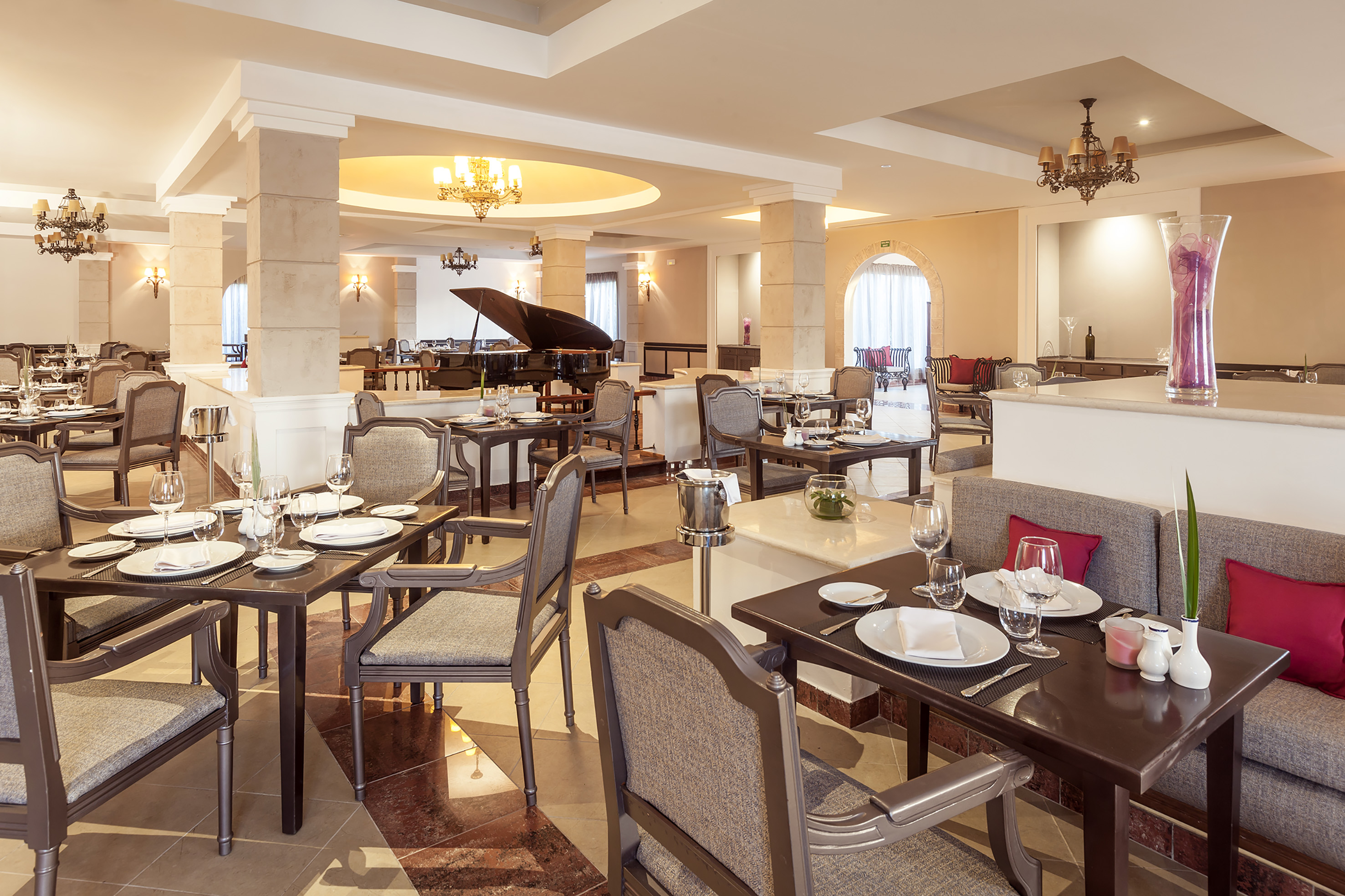 a room with tables and chairs