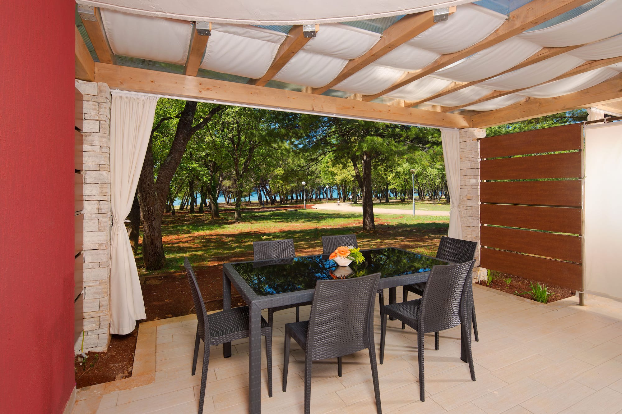 a table and chairs on a patio