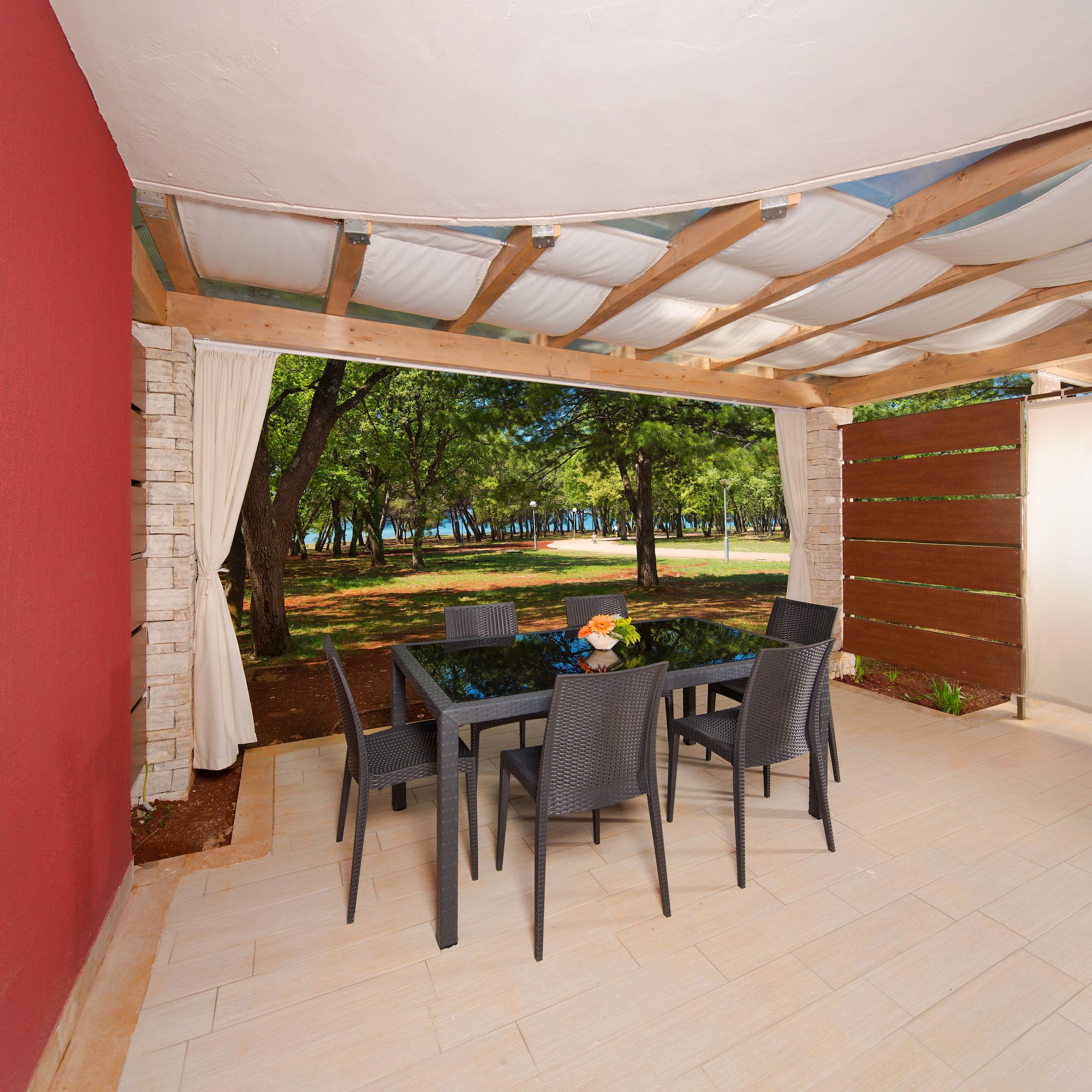 a table and chairs on a patio