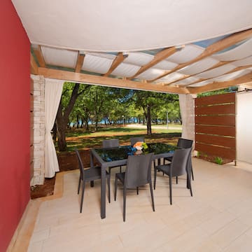 a table and chairs on a patio
