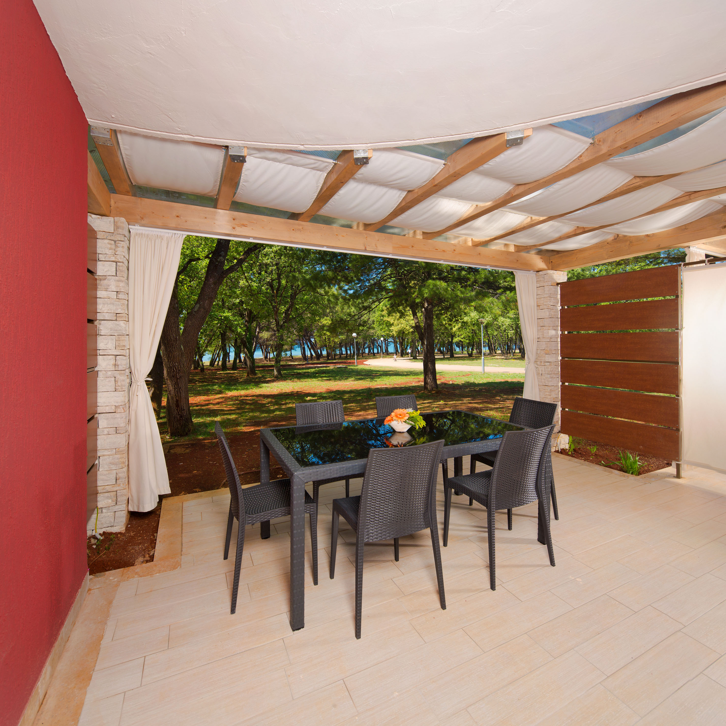 a table and chairs on a patio