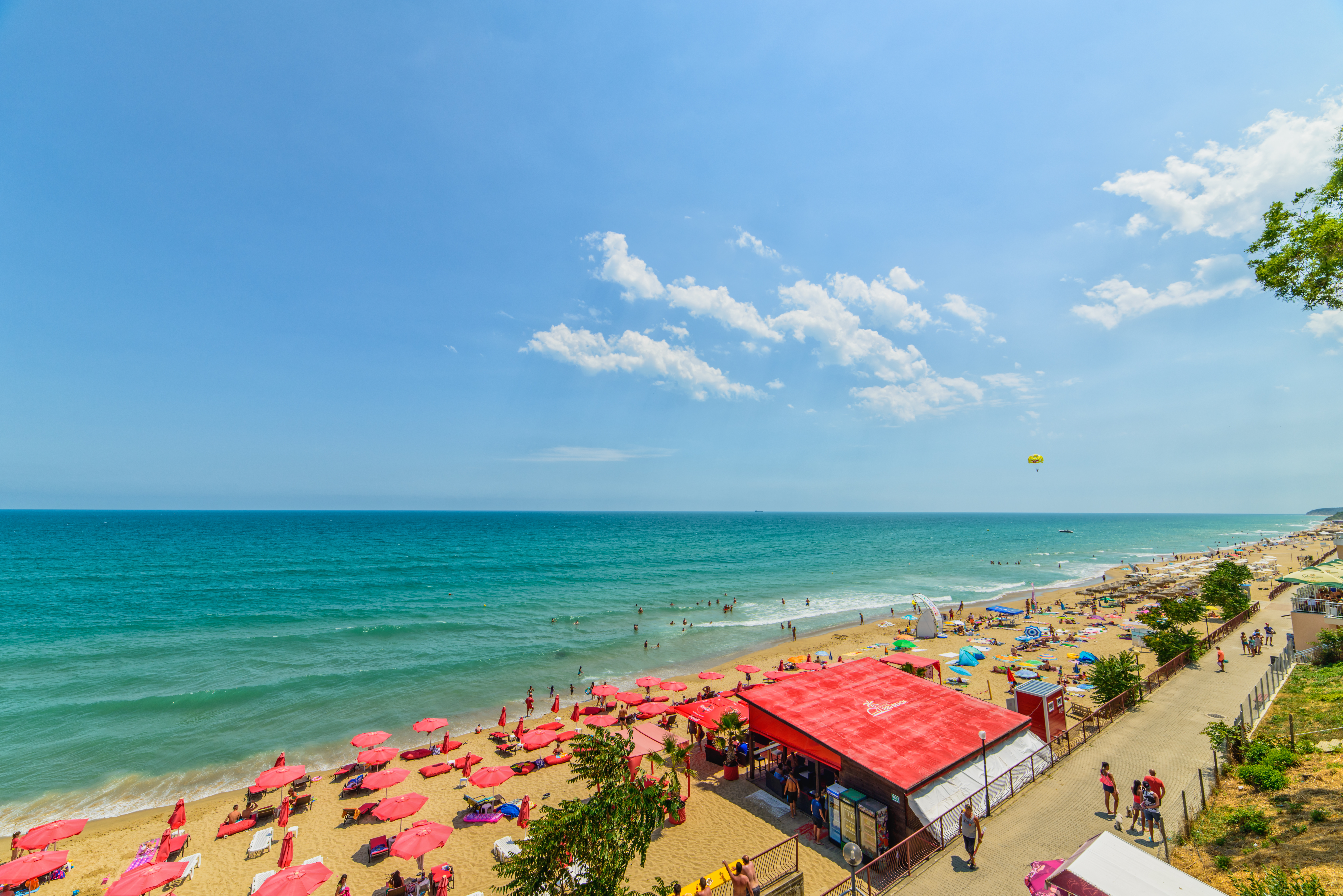 a beach with people and umbrellas