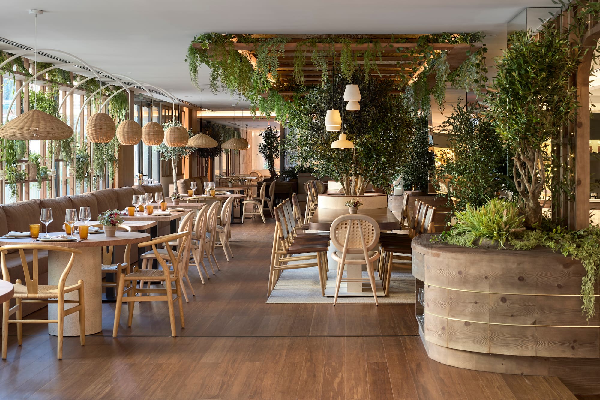 Modern restaurant interior with natural wood, lush greenery, and rattan lighting.