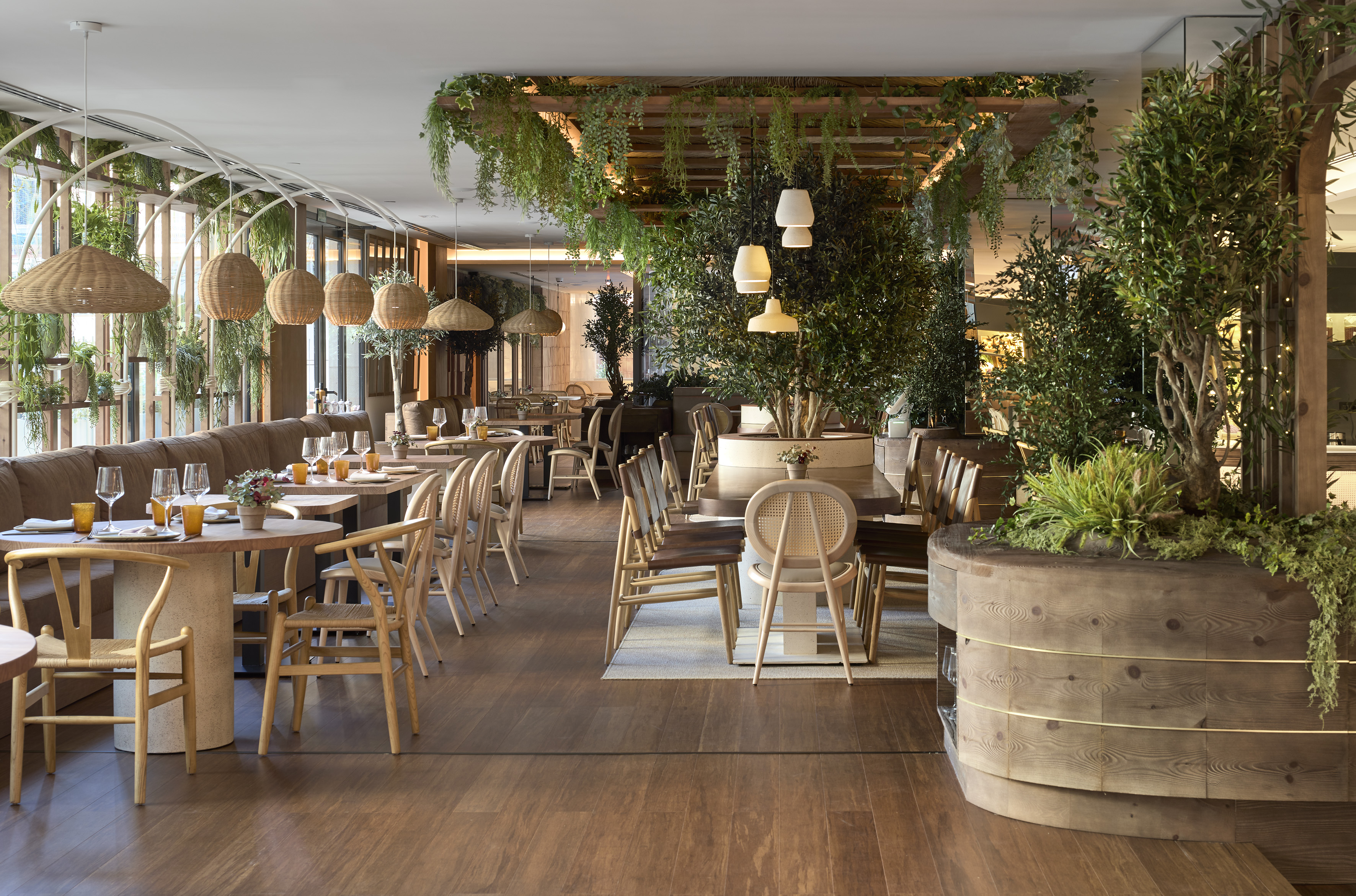 Modern restaurant interior with natural wood, lush greenery, and rattan lighting.
