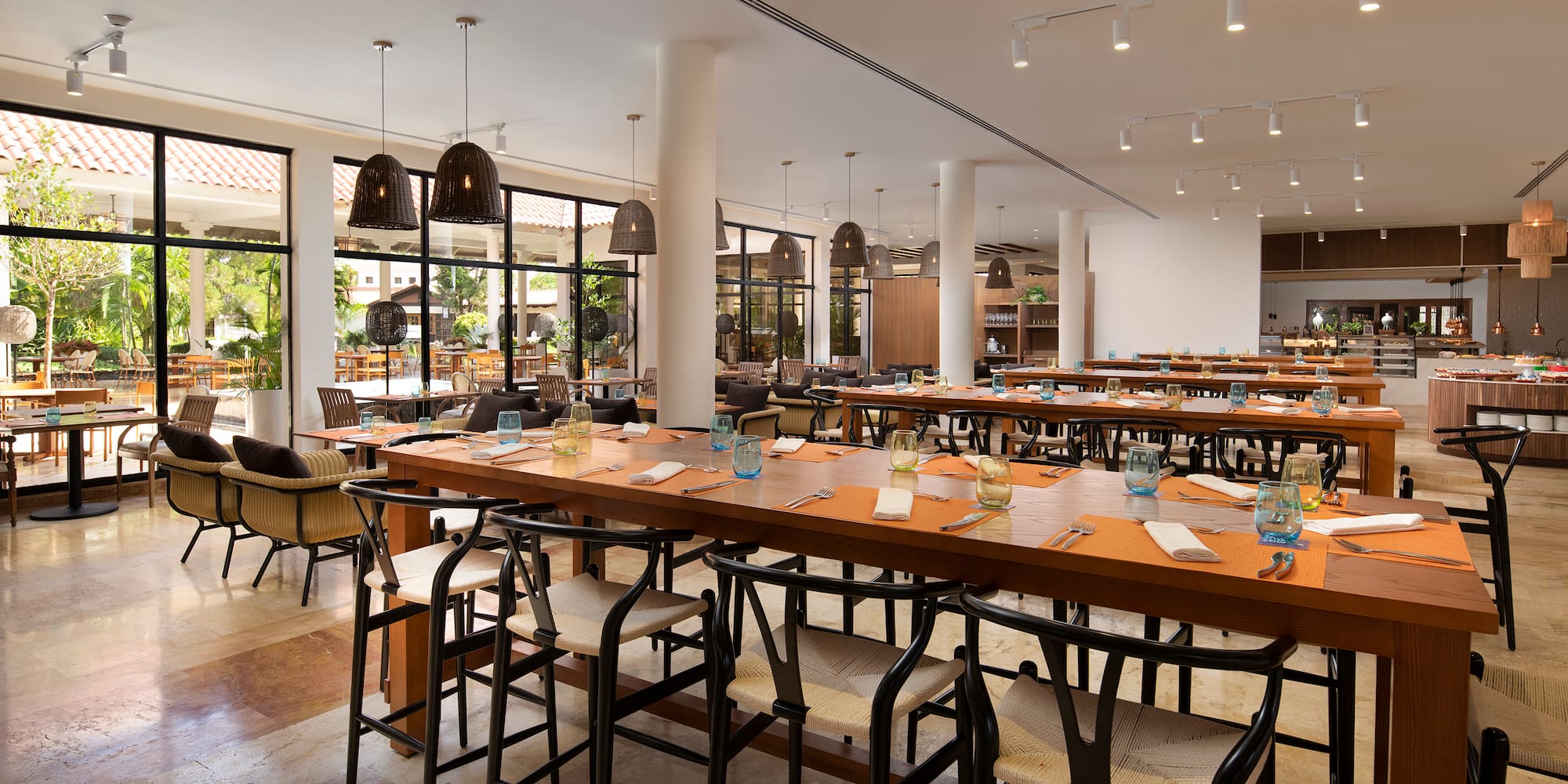 a large room with tables and chairs