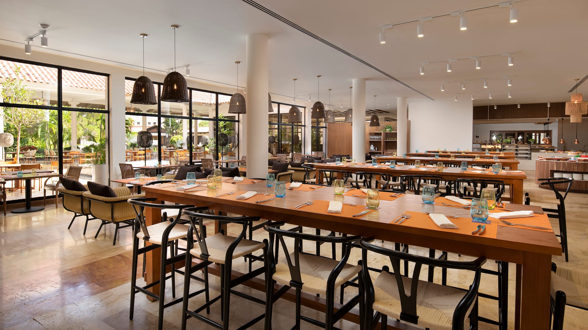 a large room with tables and chairs