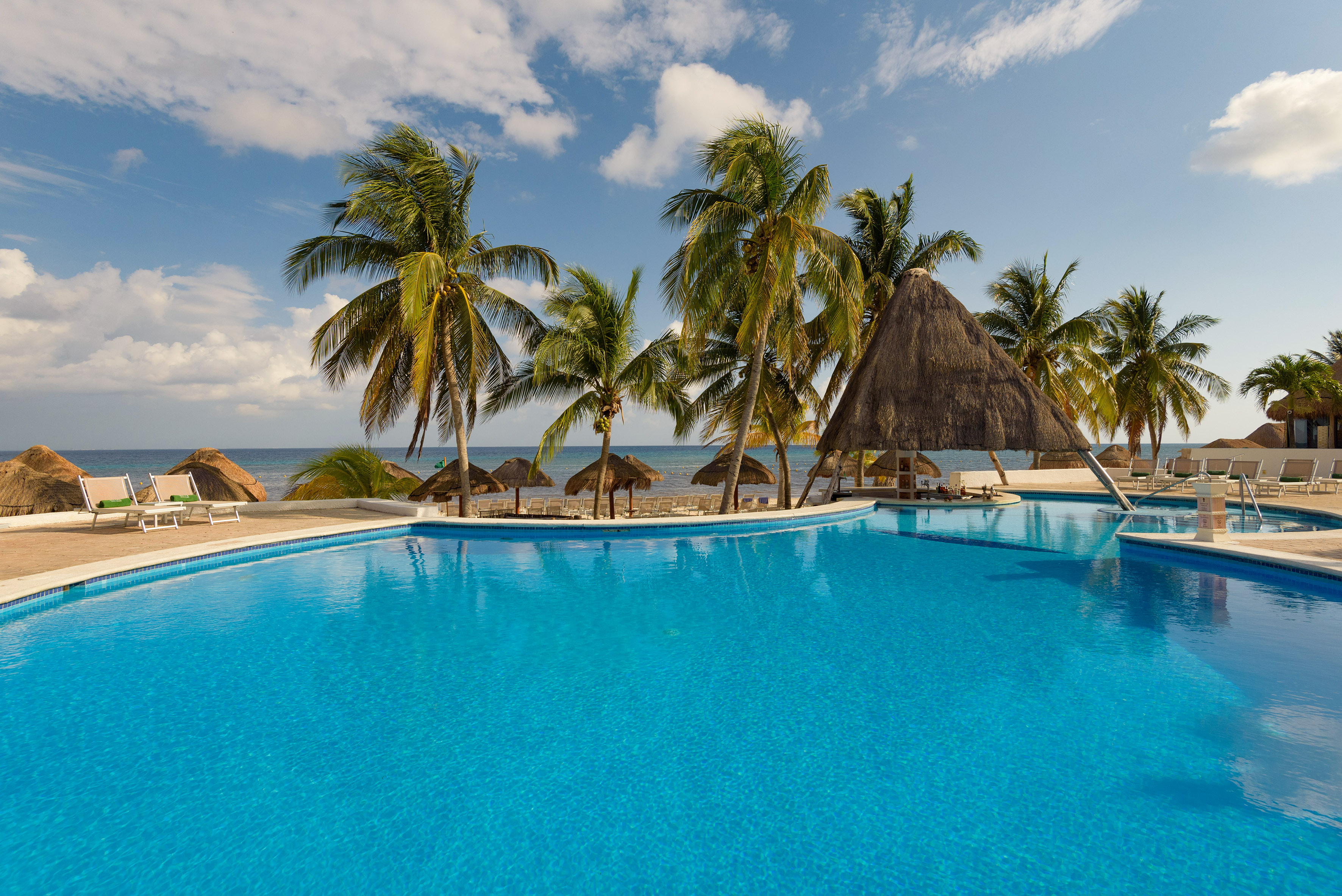 a pool with palm trees and straw umbrellas