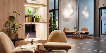 a room with chairs and tables