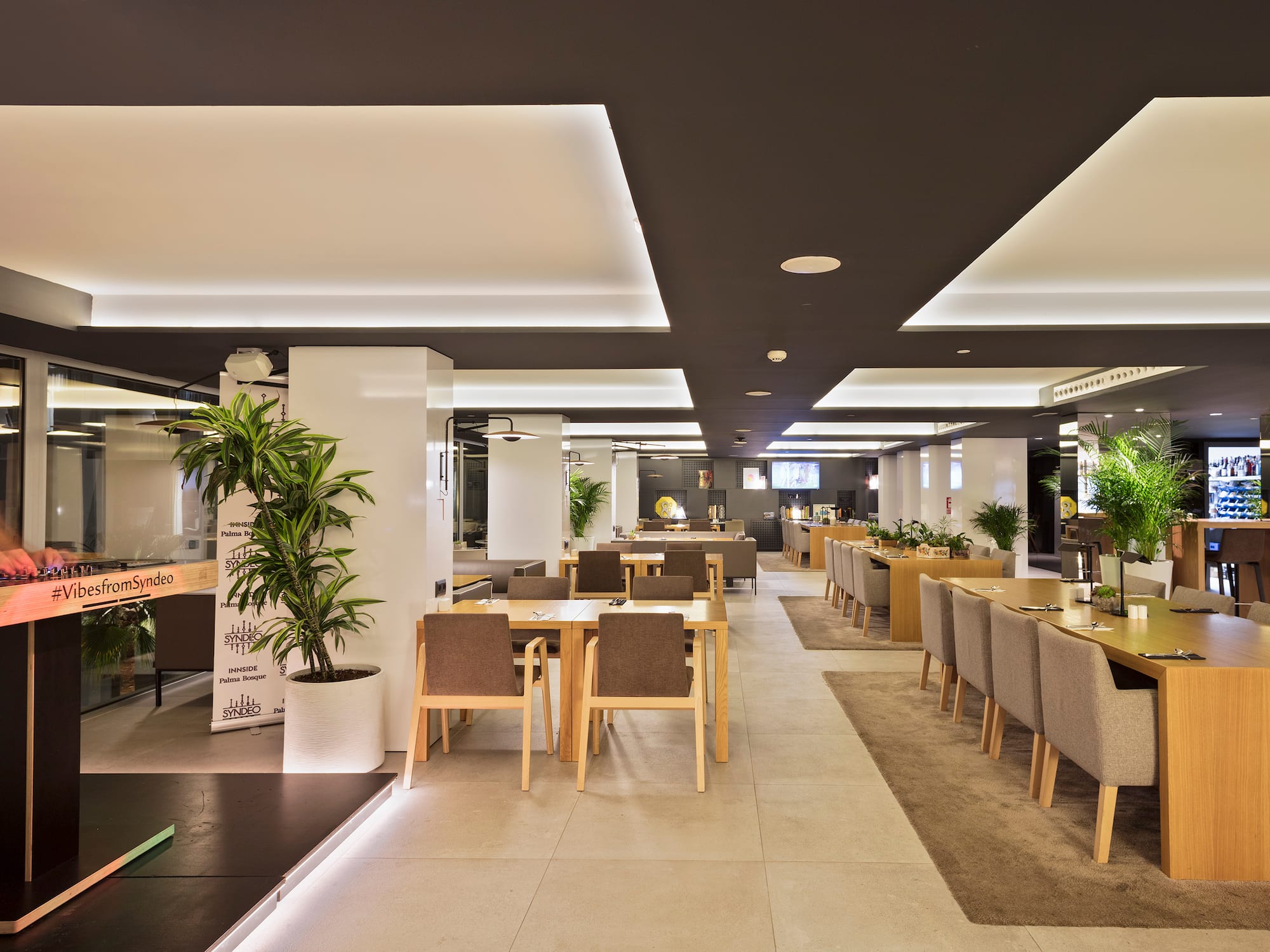 a room with tables and chairs