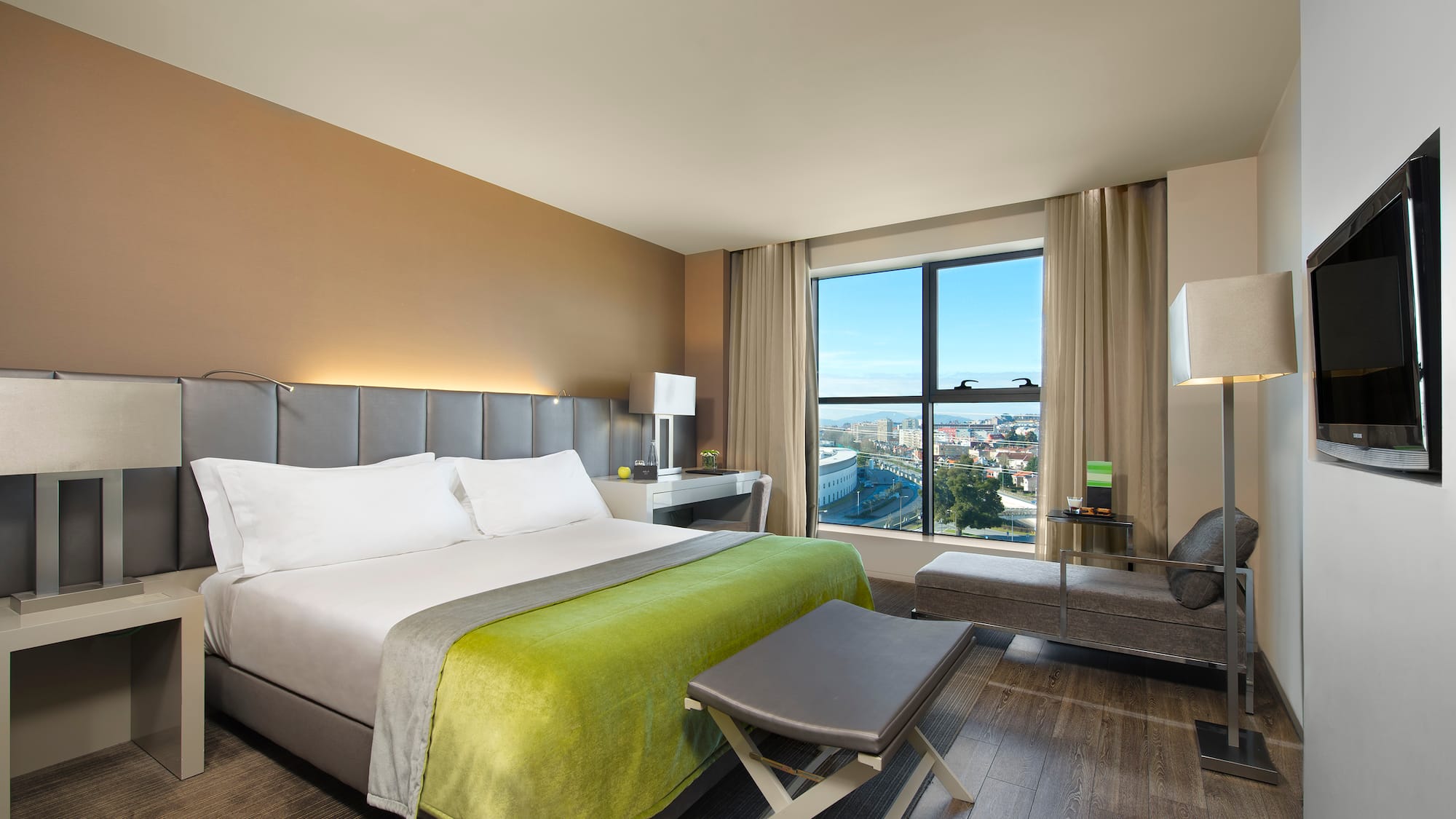 a room with a bed and a table