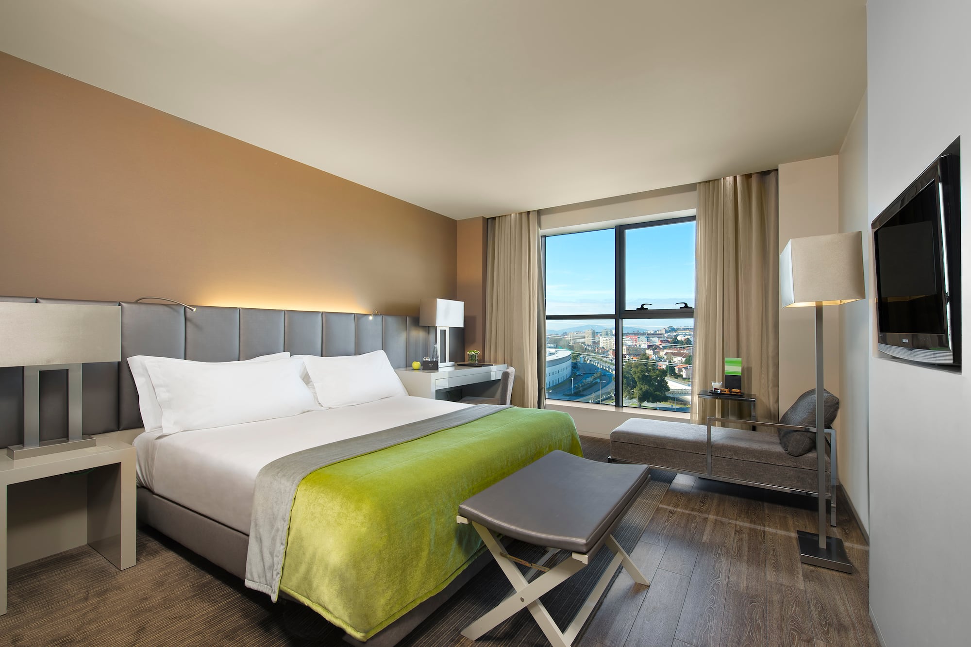 a room with a bed and a table