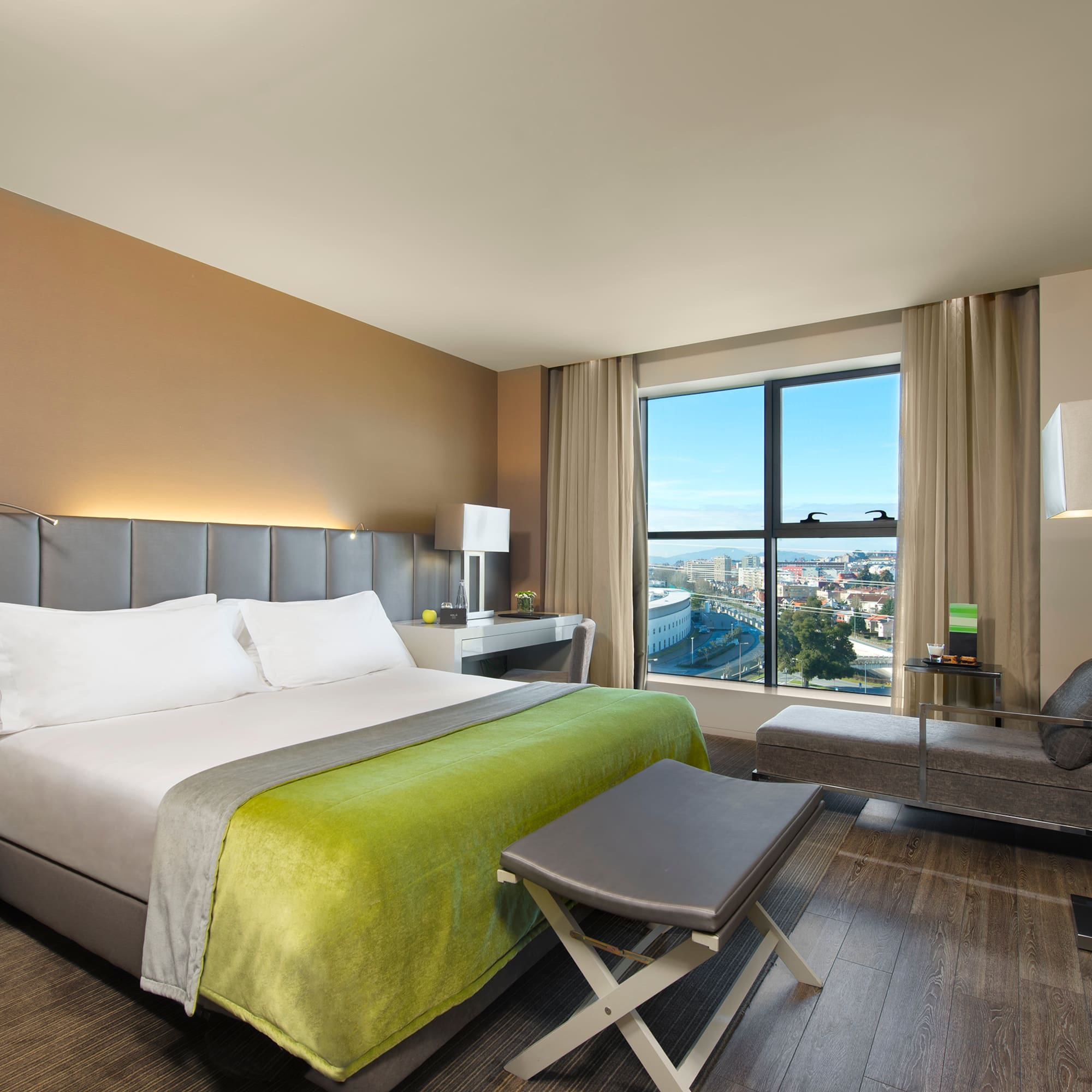 a room with a bed and a table