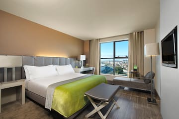 a room with a bed and a table