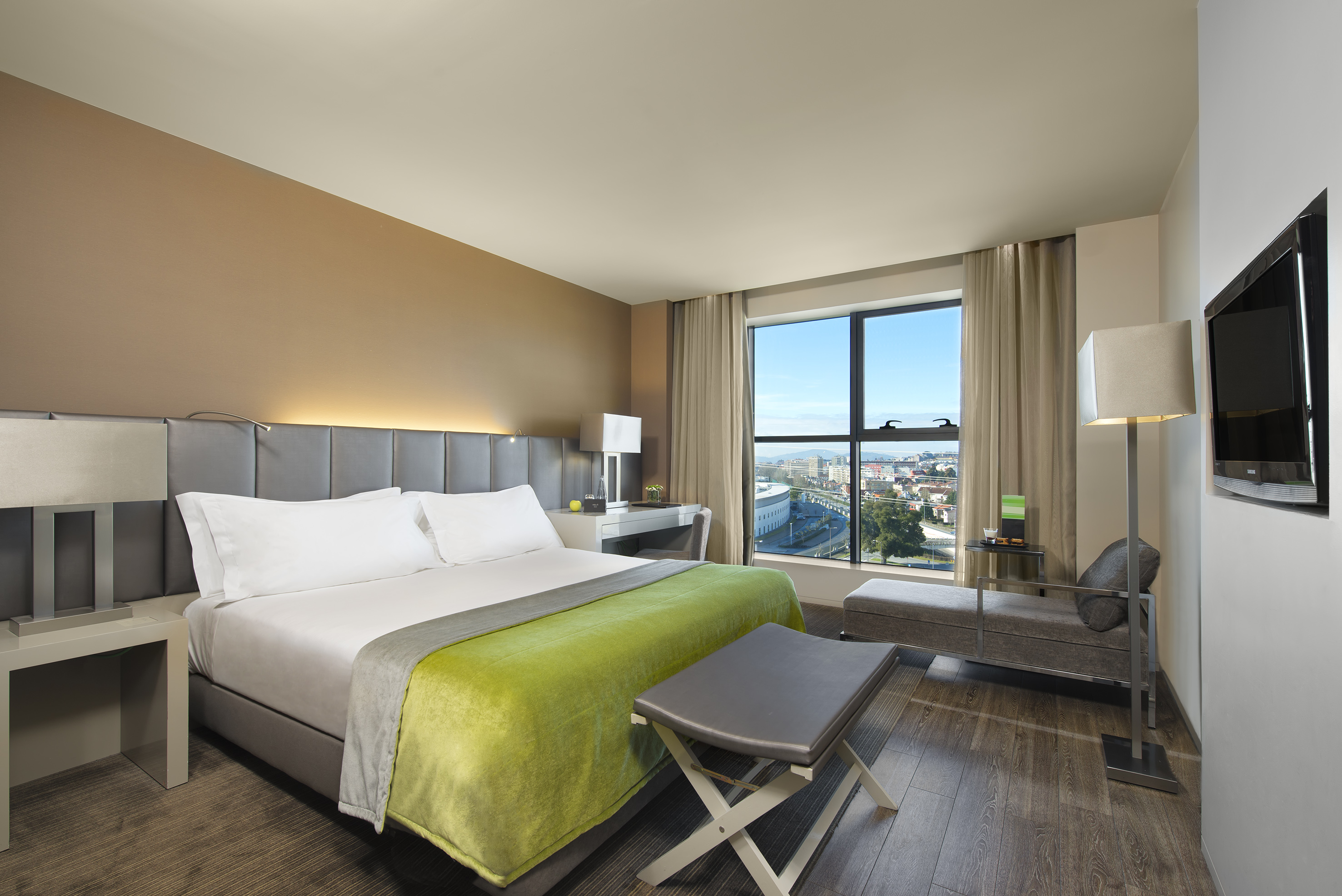 a room with a bed and a table