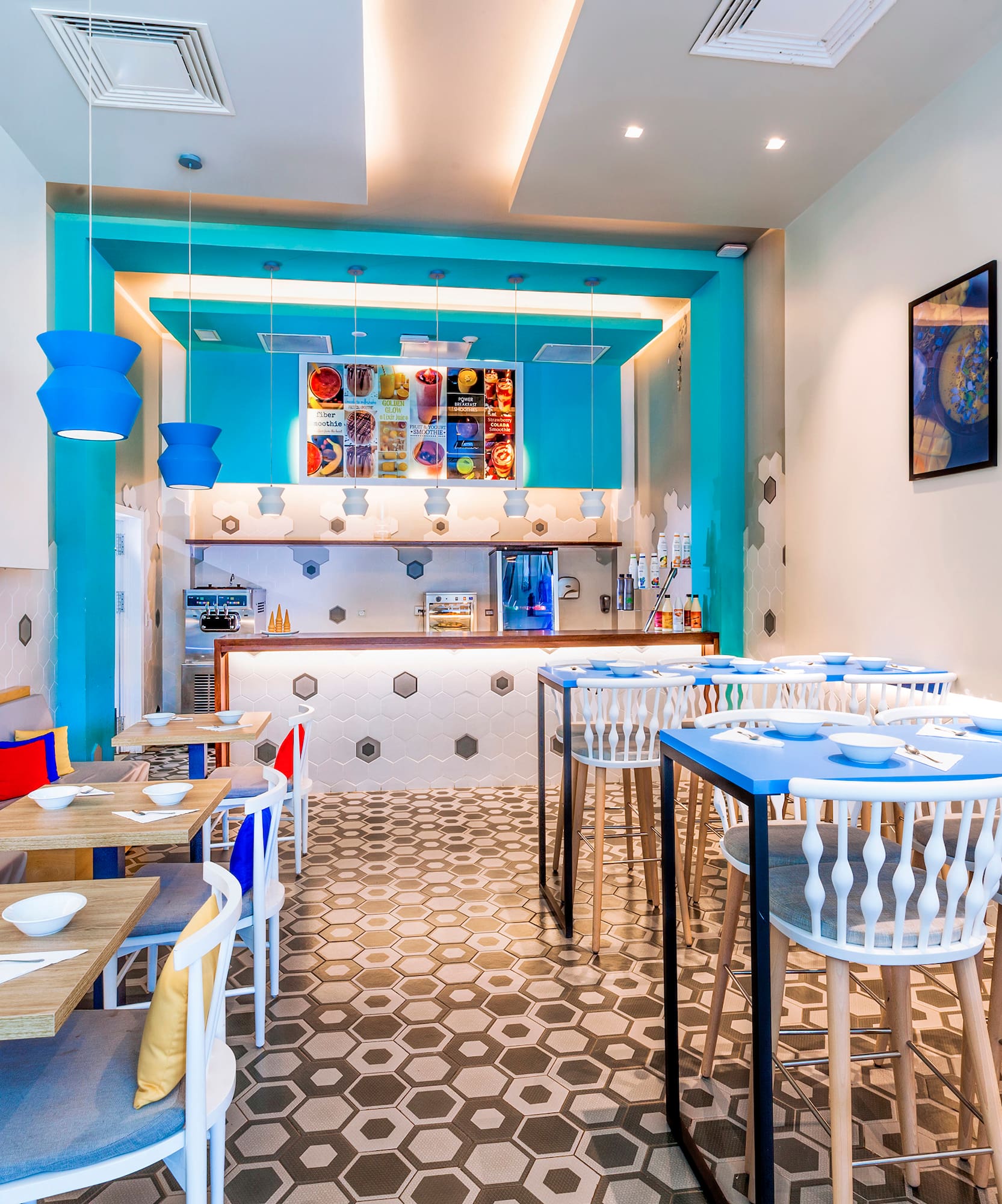 a room with tables and chairs