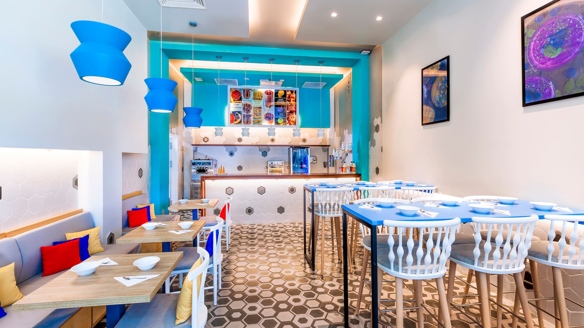 a room with tables and chairs