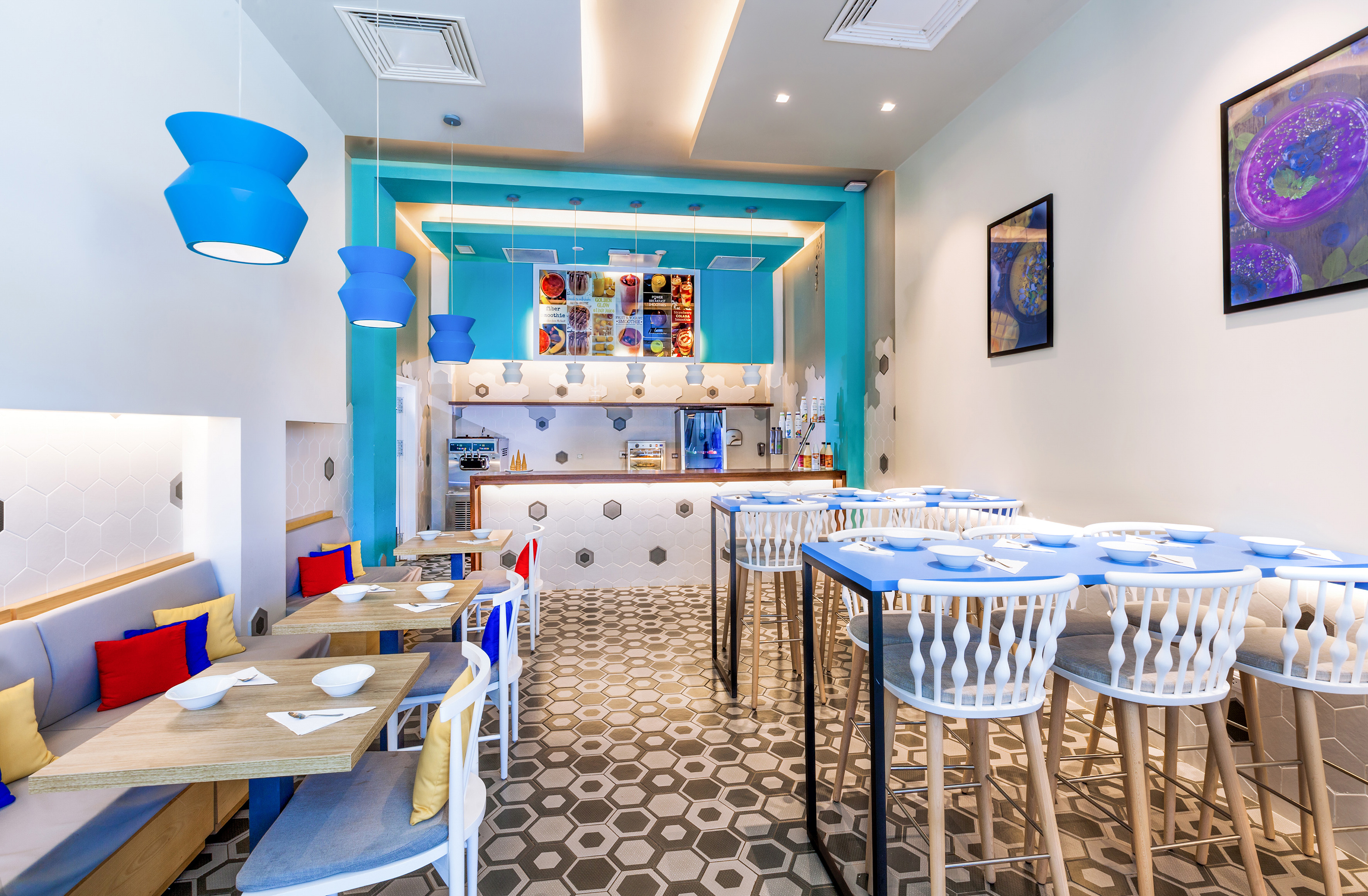 a room with tables and chairs