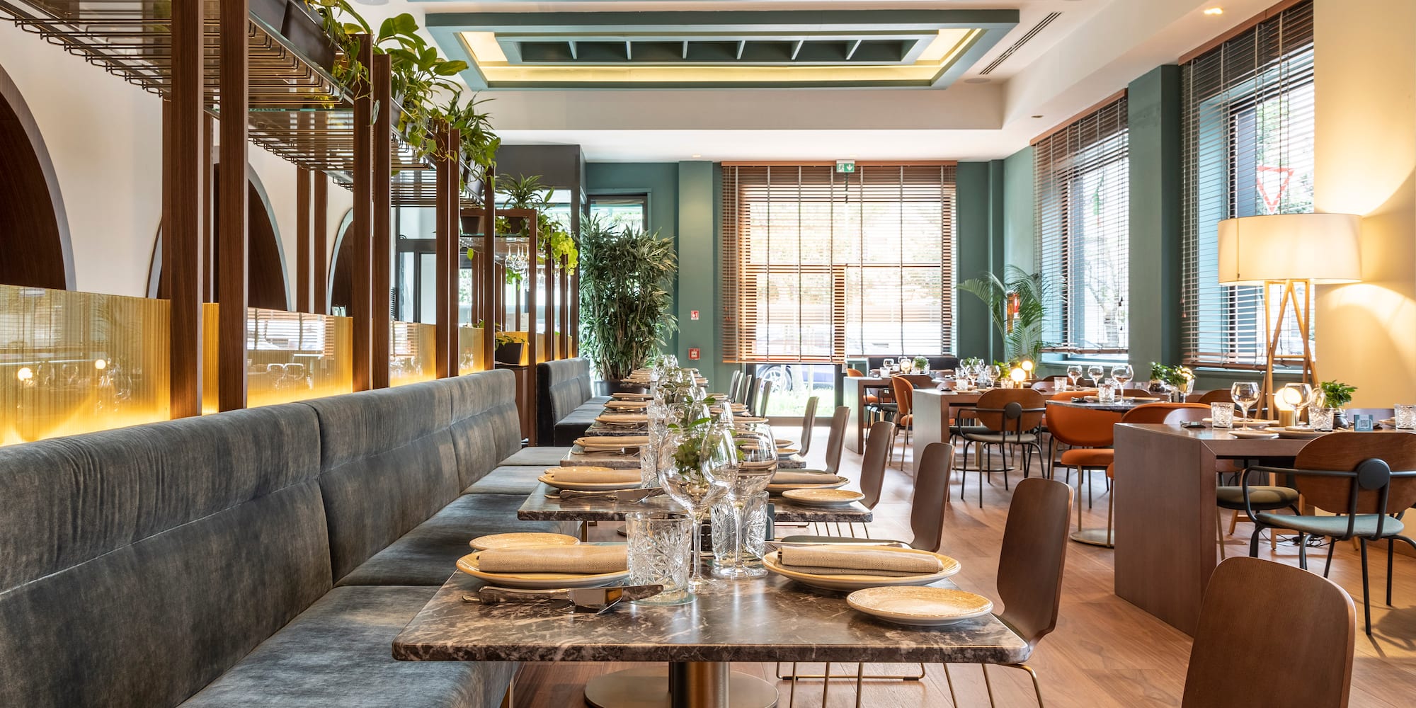 a restaurant with tables and chairs