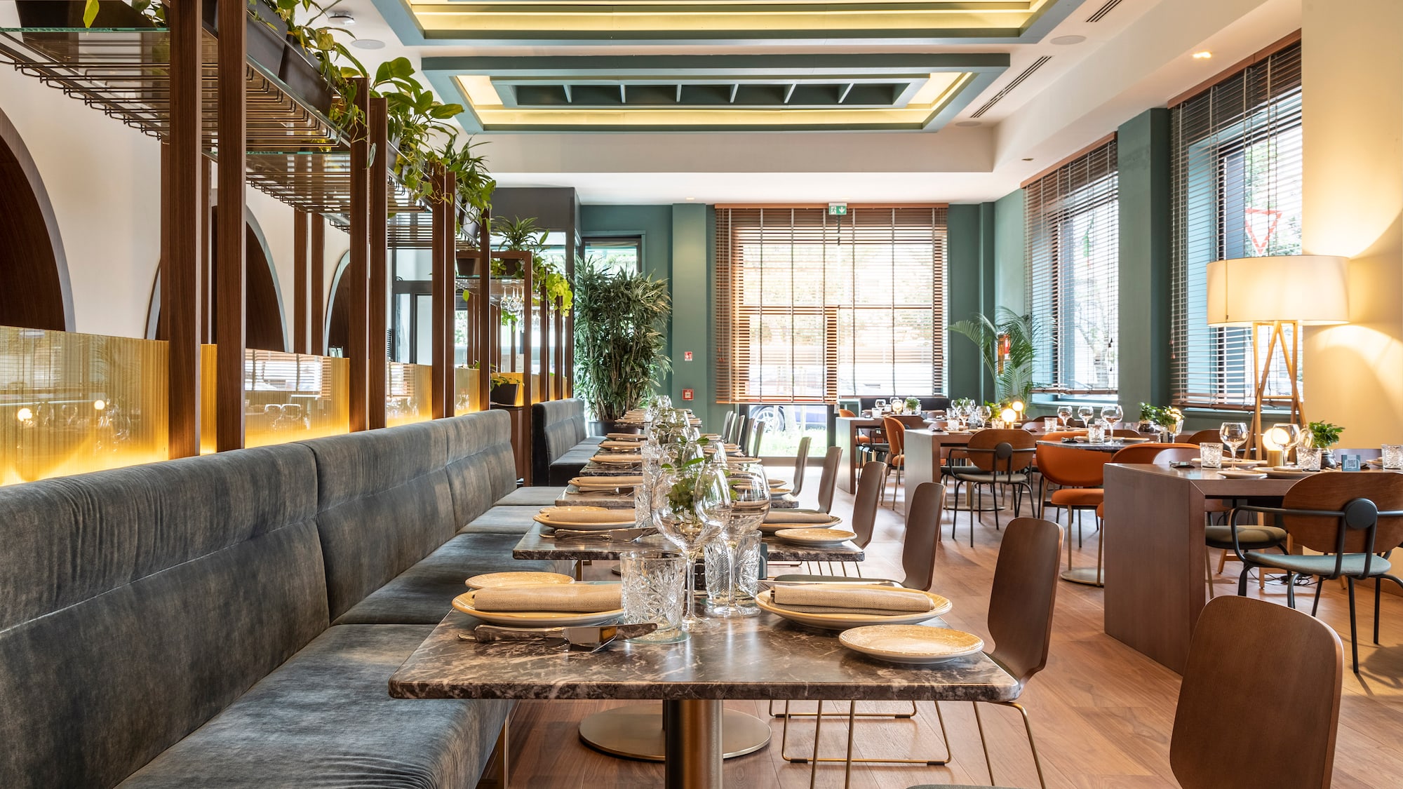 a restaurant with tables and chairs