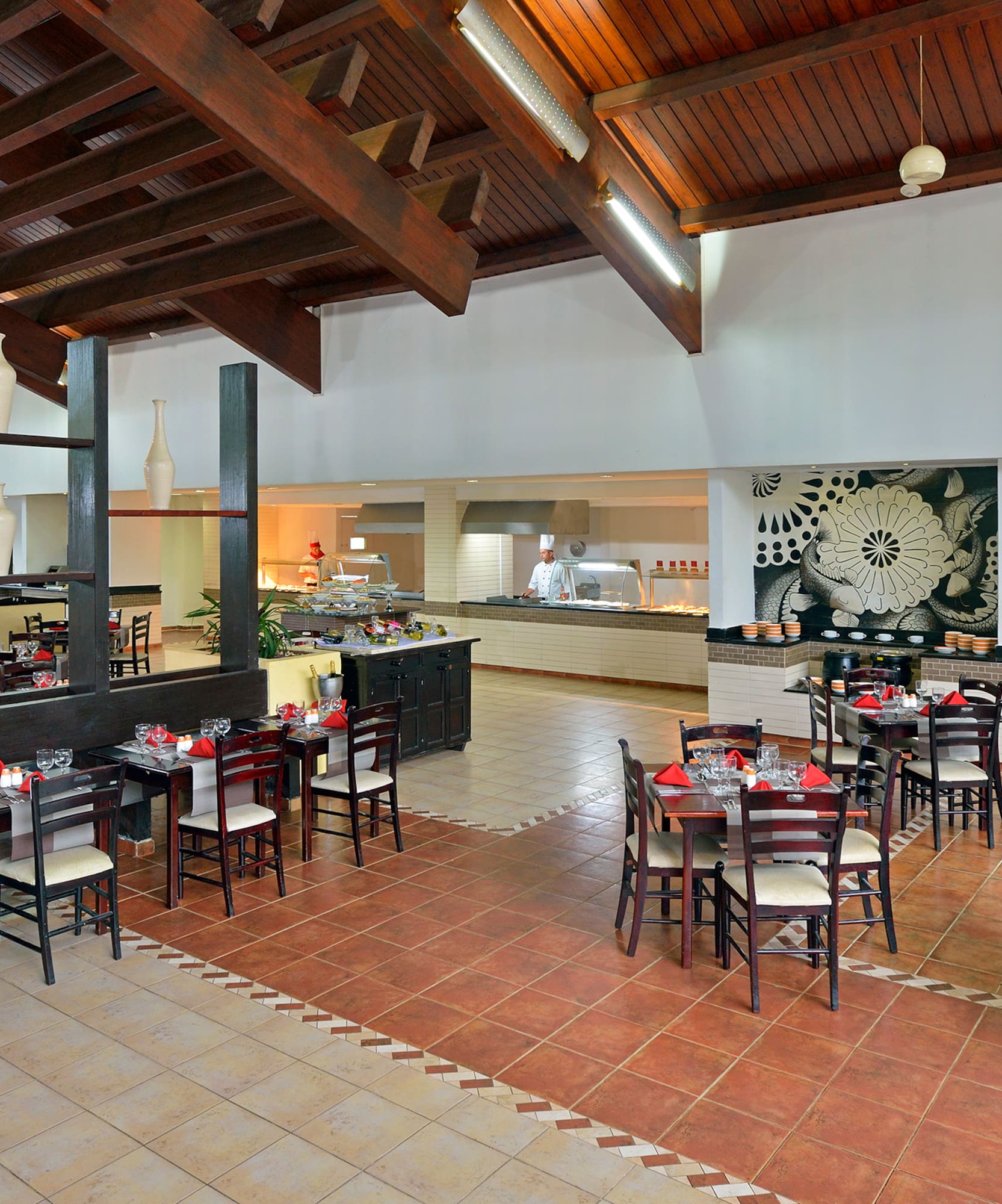 a room with tables and chairs