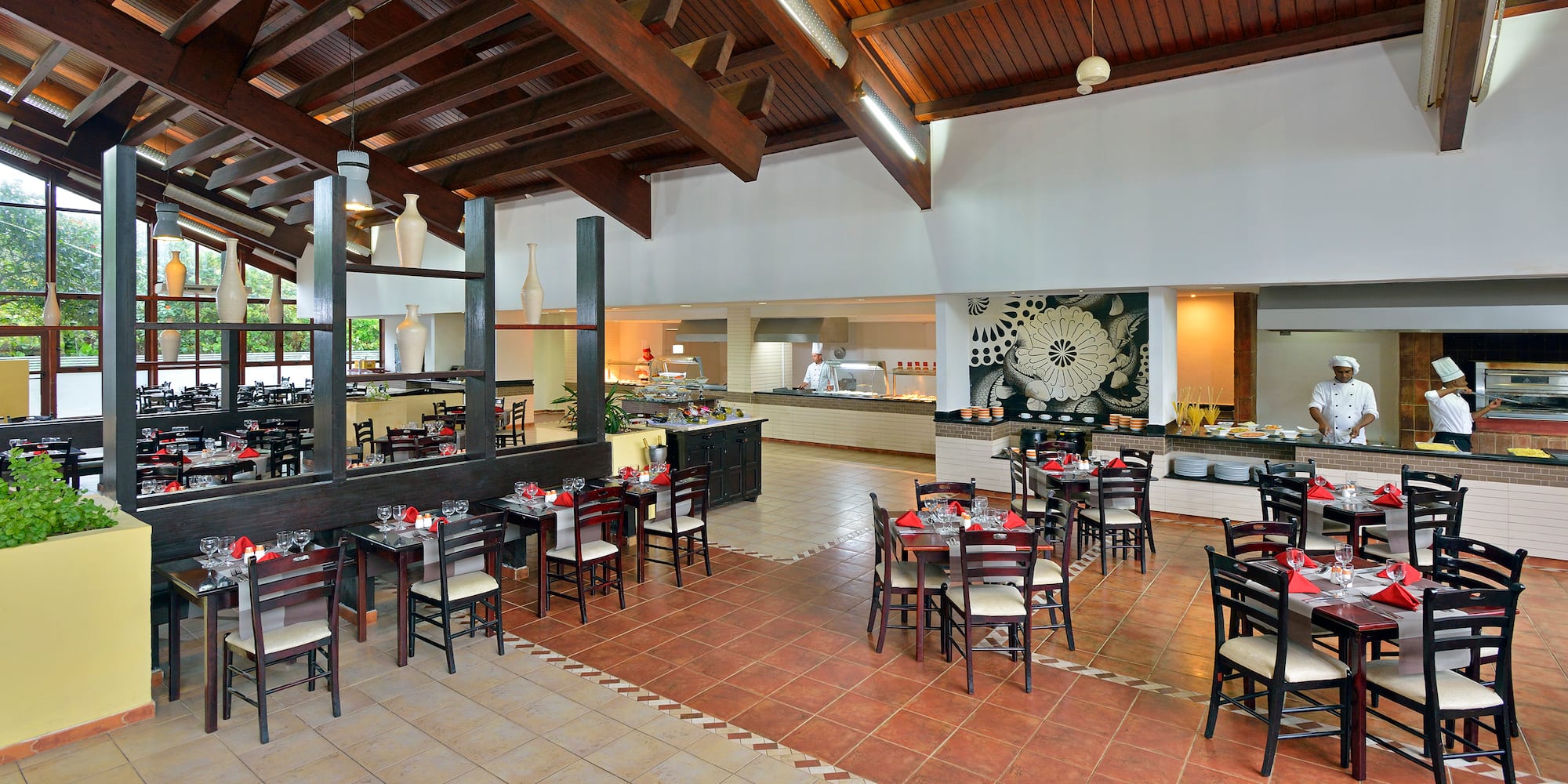 a room with tables and chairs