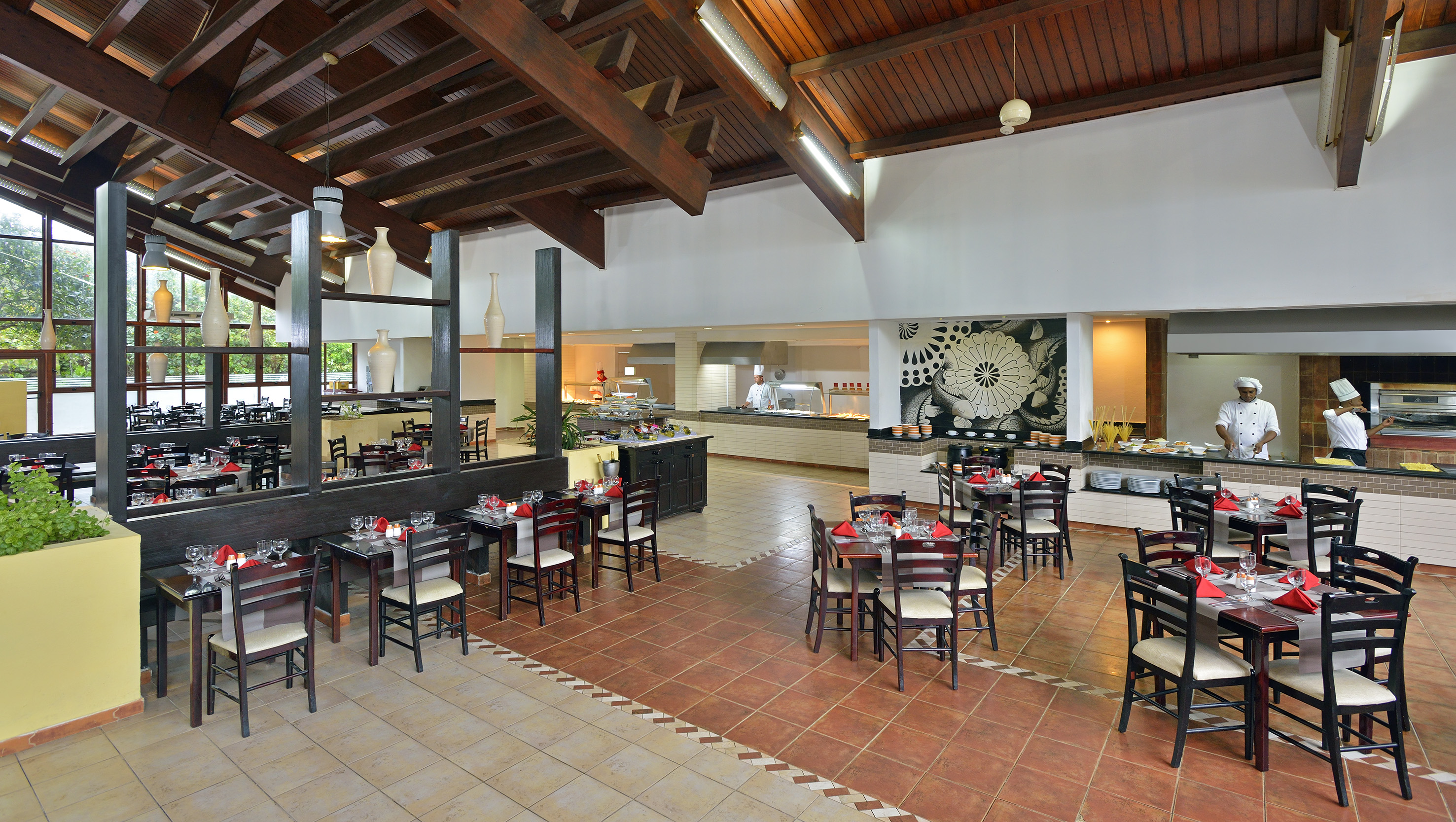 a room with tables and chairs