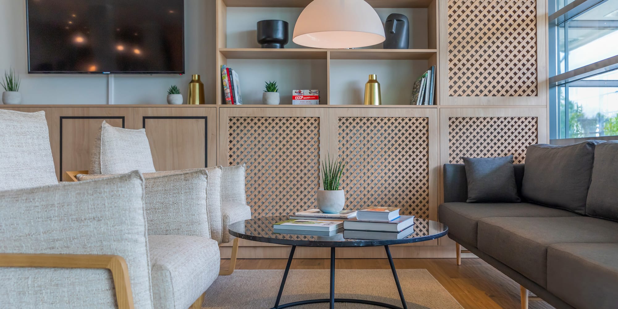 a living room with a couch and a coffee table