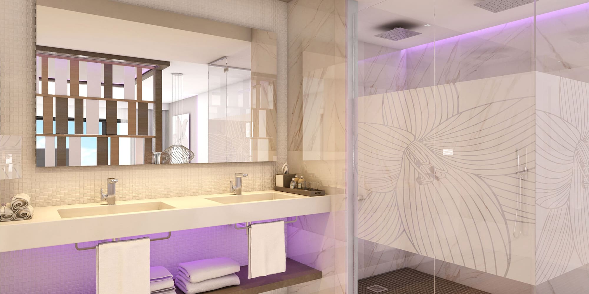 a bathroom with purple lighting