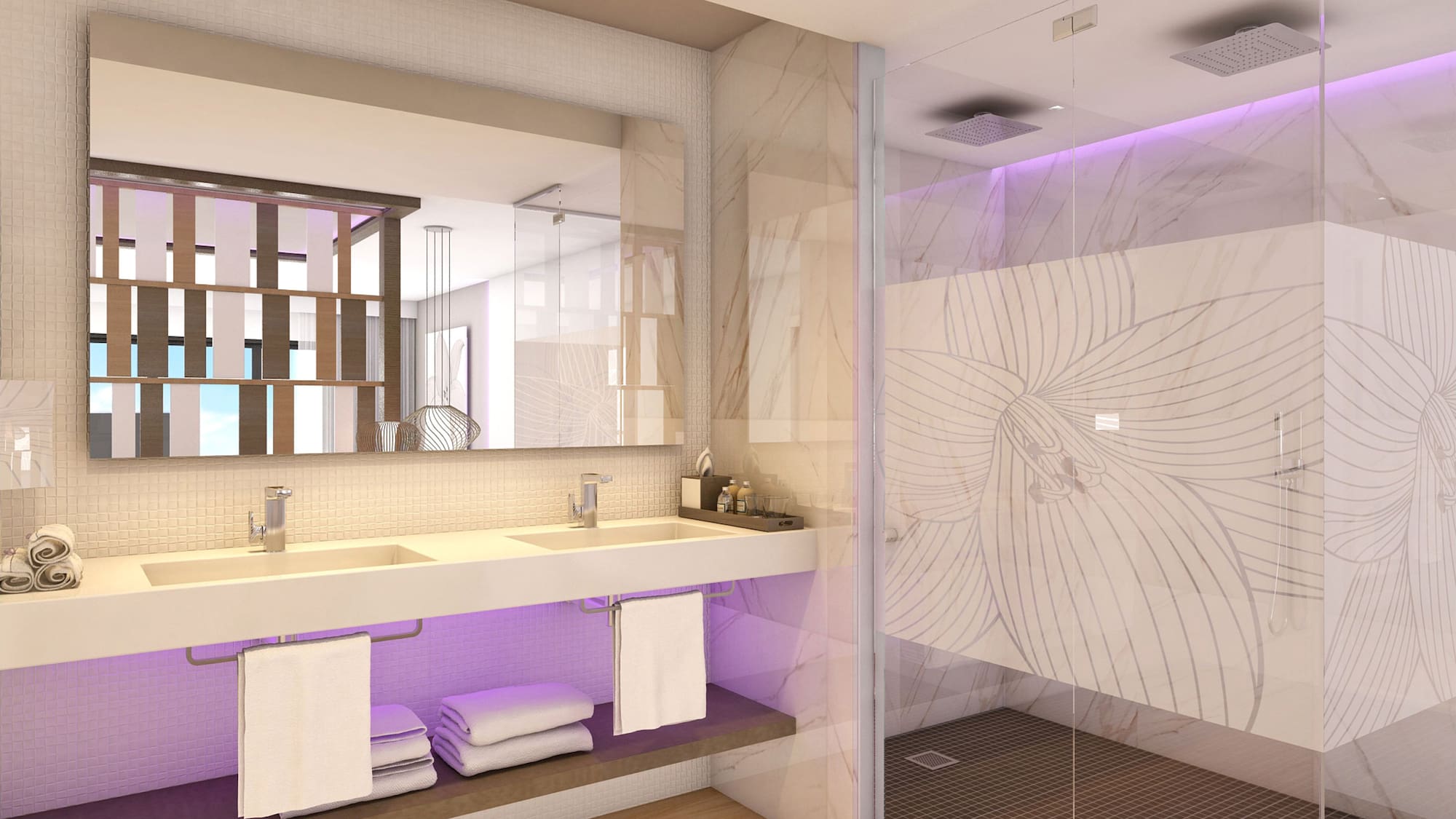 a bathroom with purple lighting