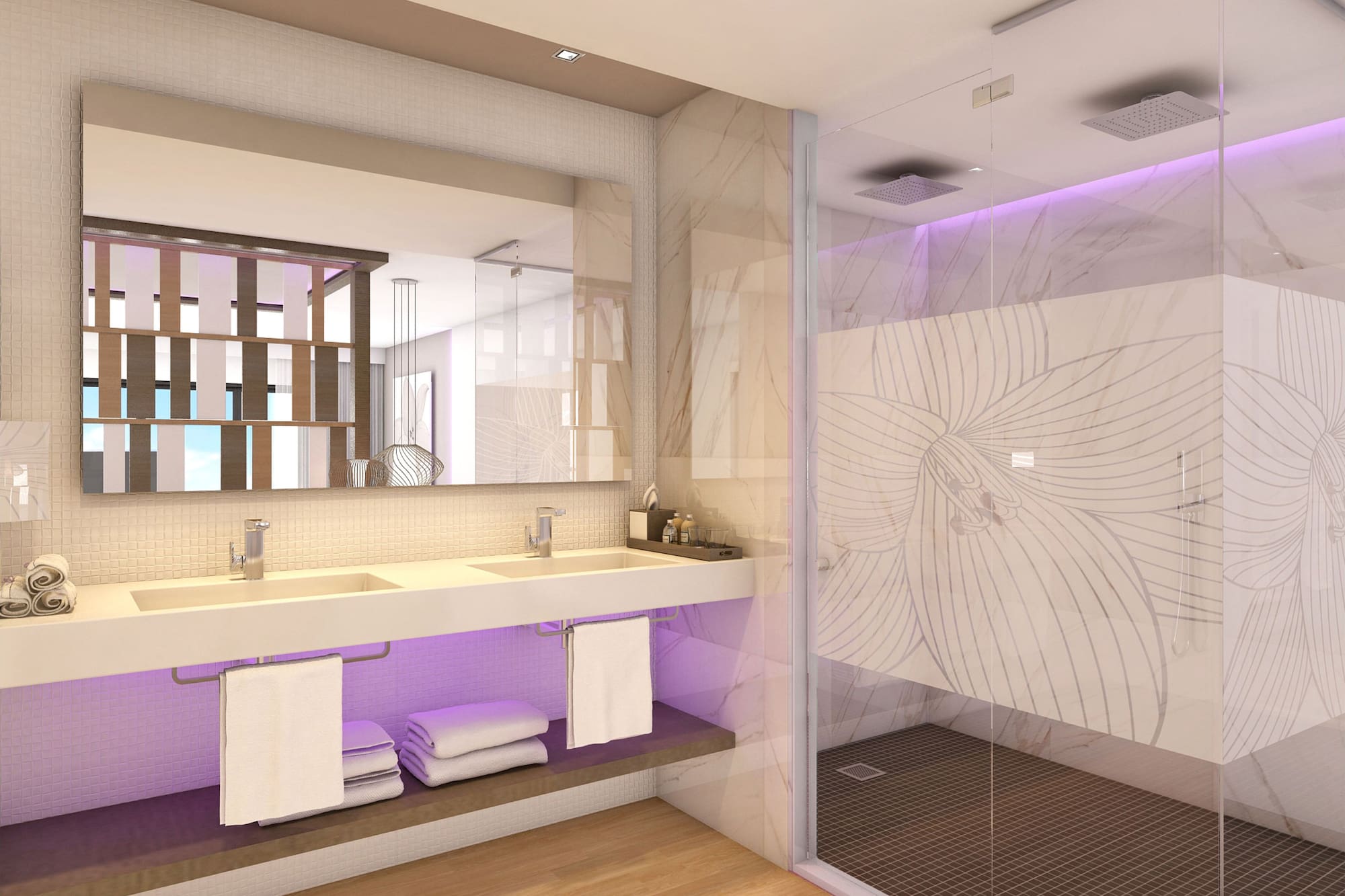 a bathroom with purple lighting