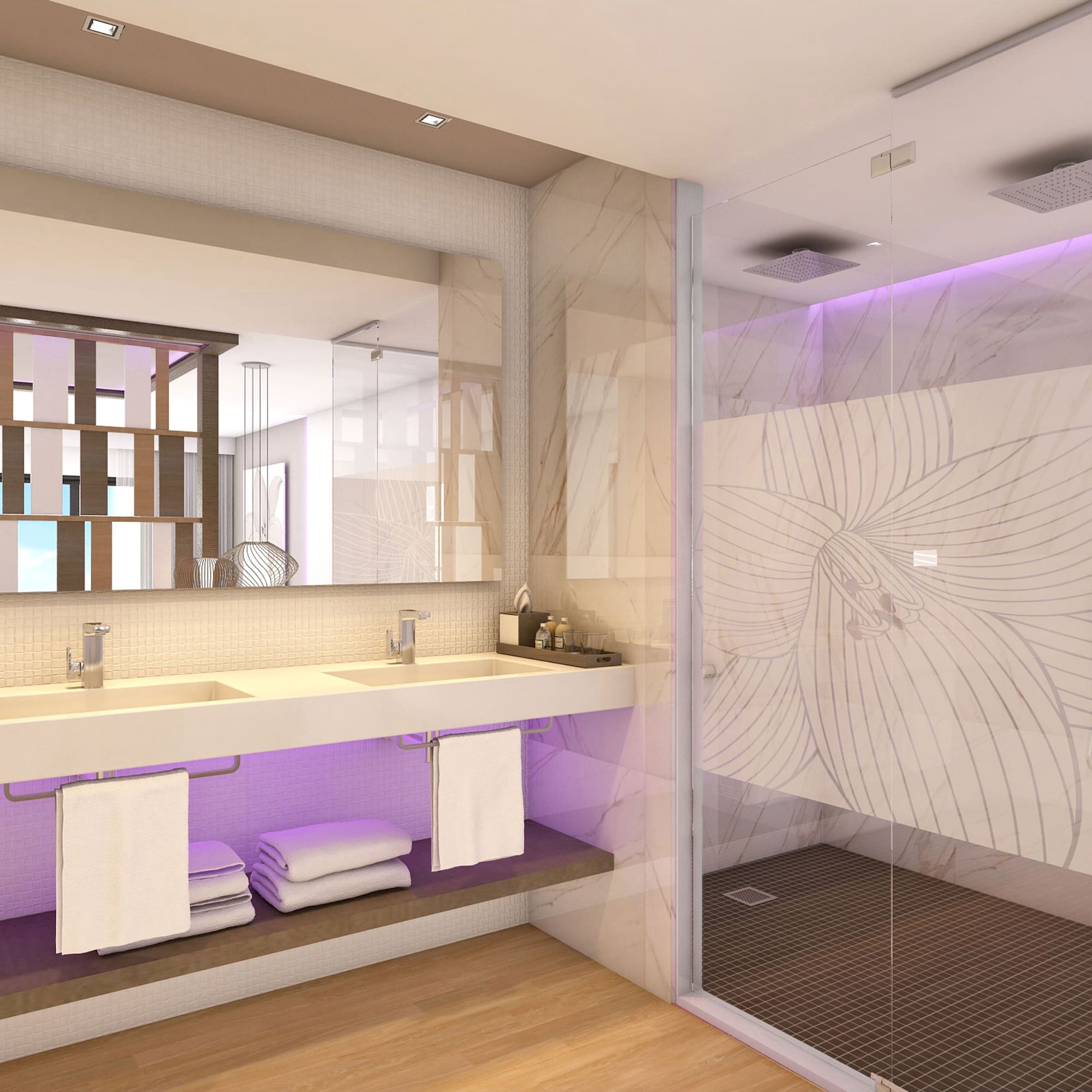 a bathroom with purple lighting